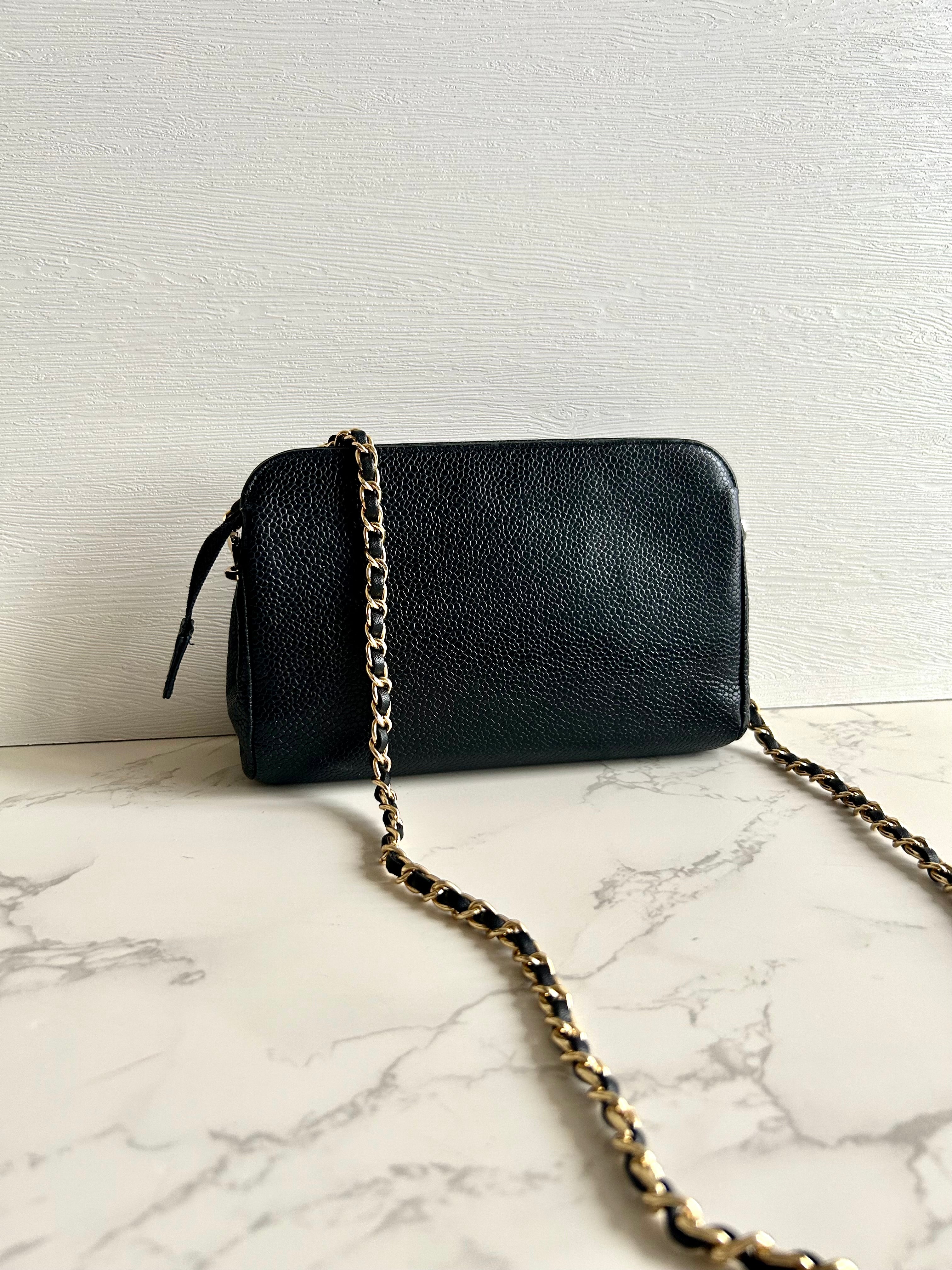 CHANEL Rare Black Caviar Leather Side Bag/Messenger Bag/Clutch