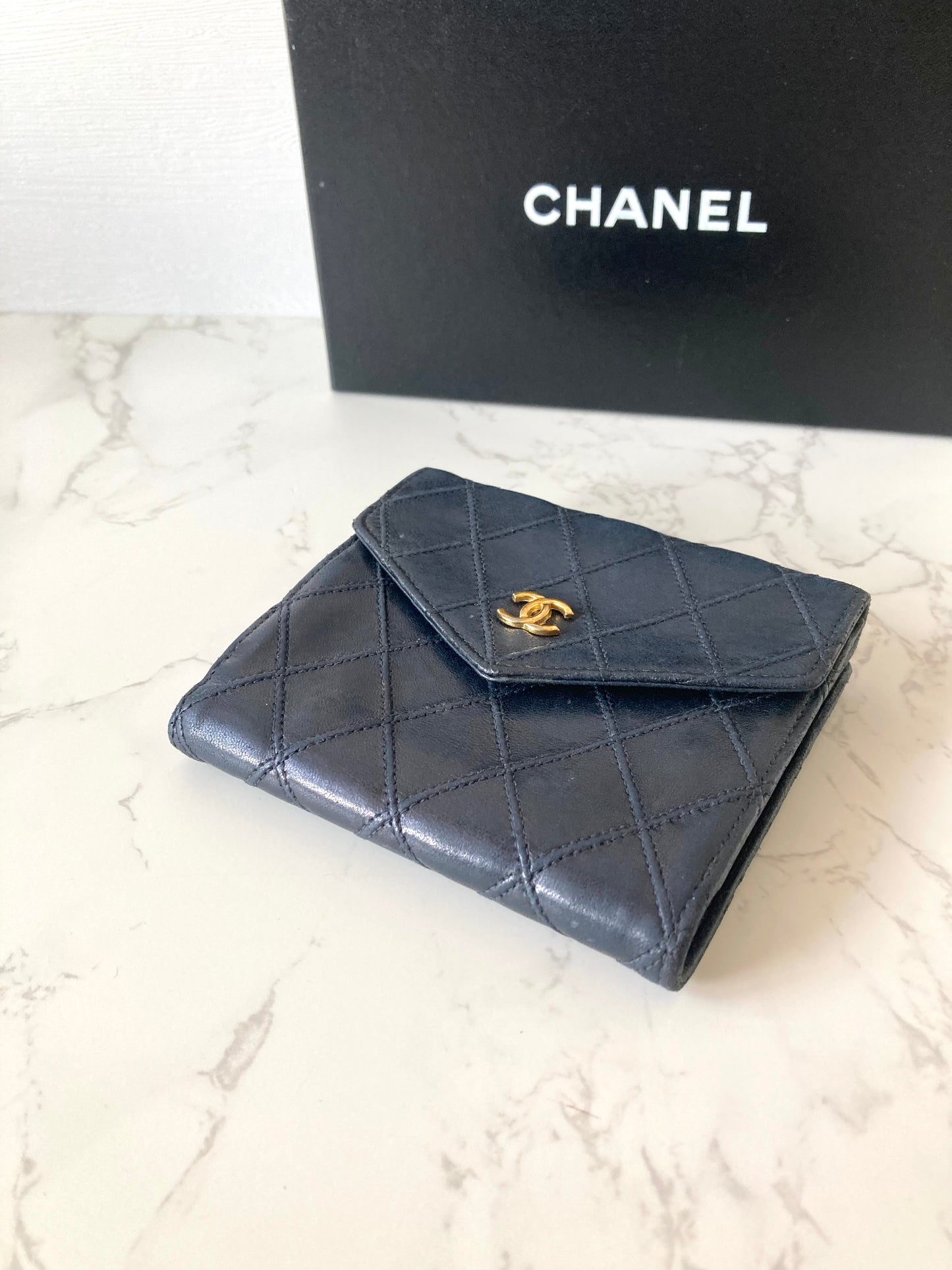 CHANEL Black x Gold Lamb Leather Compact Wallet