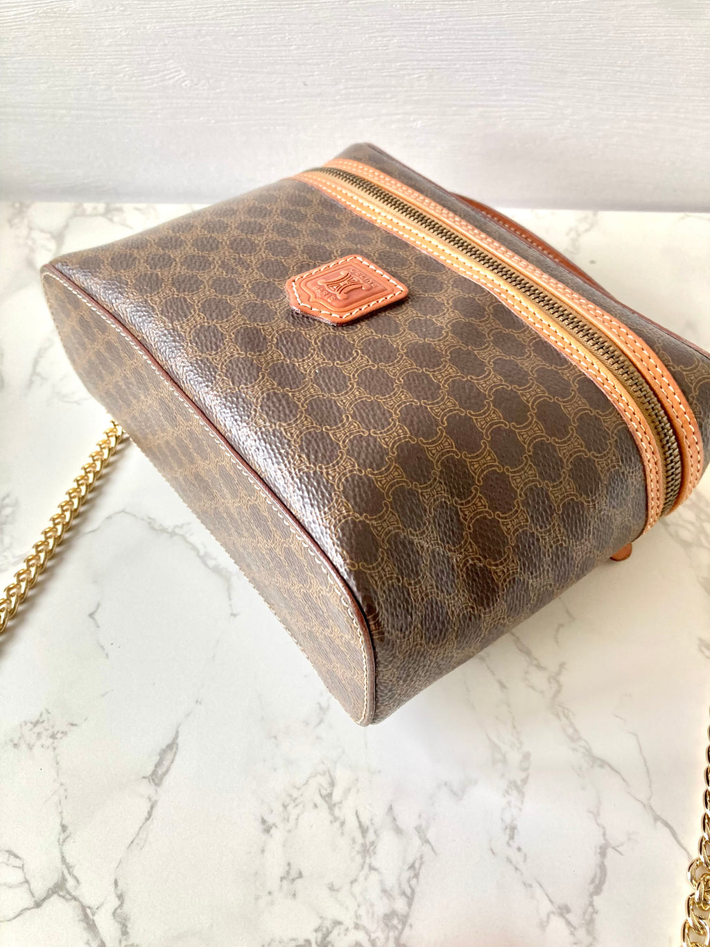 CELINE Brown Monogram Vanity Case / Crossbody Chain Bag