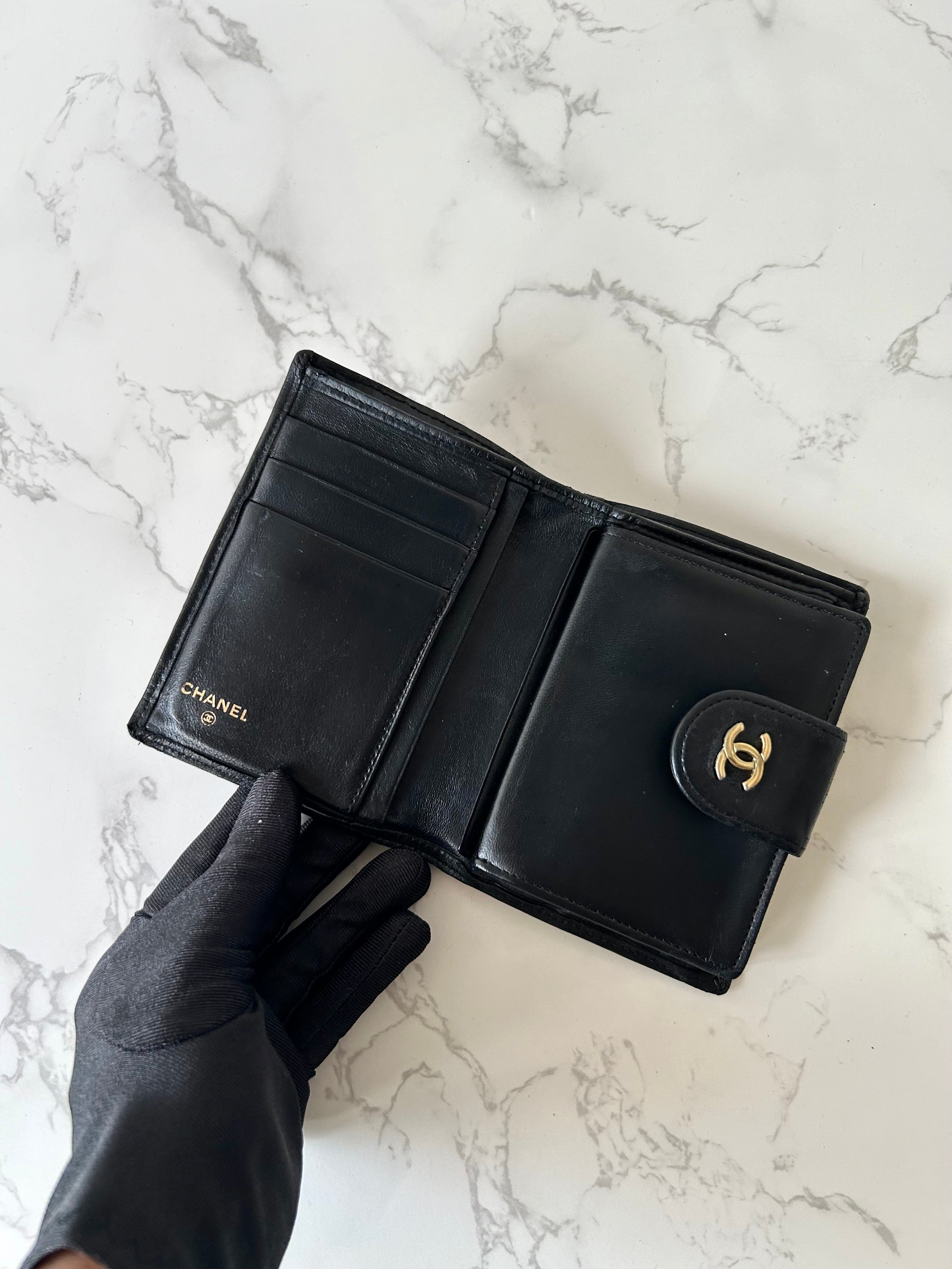 CHANEL rare black lambskin leather large gold buckle gold label short wallet / wallet