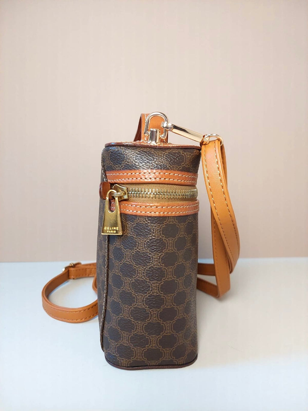 CELINE Brown Old Flower Leather Vanity Box Bag/Side Bag/Messenger Bag/Clutch Bag