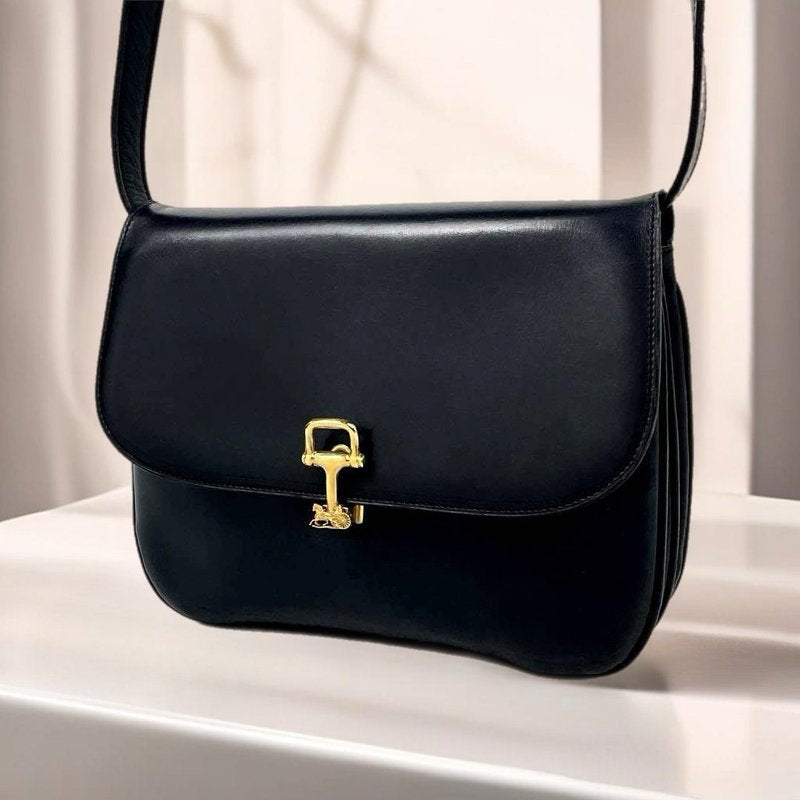 CELINE rare blue and black carriage gold buckle saddle side bag / oblique bag