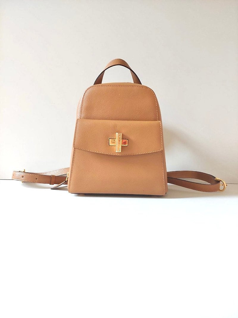 CELINE rare caramel brown cross rotating gold buckle leather small backpack / rucksack / backpack