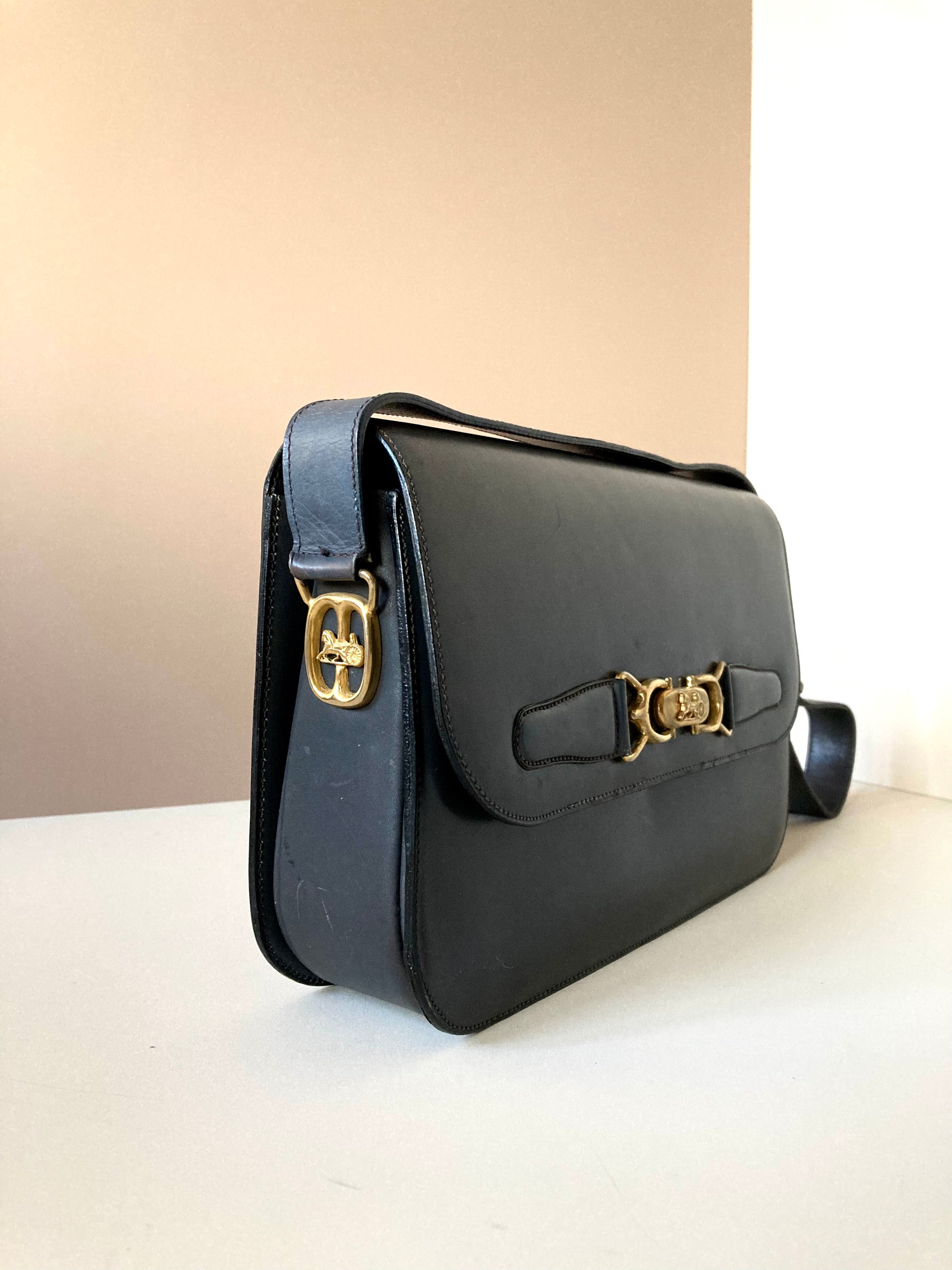 CELINE Black x Gold Horse Carriage Crossbody Bag
