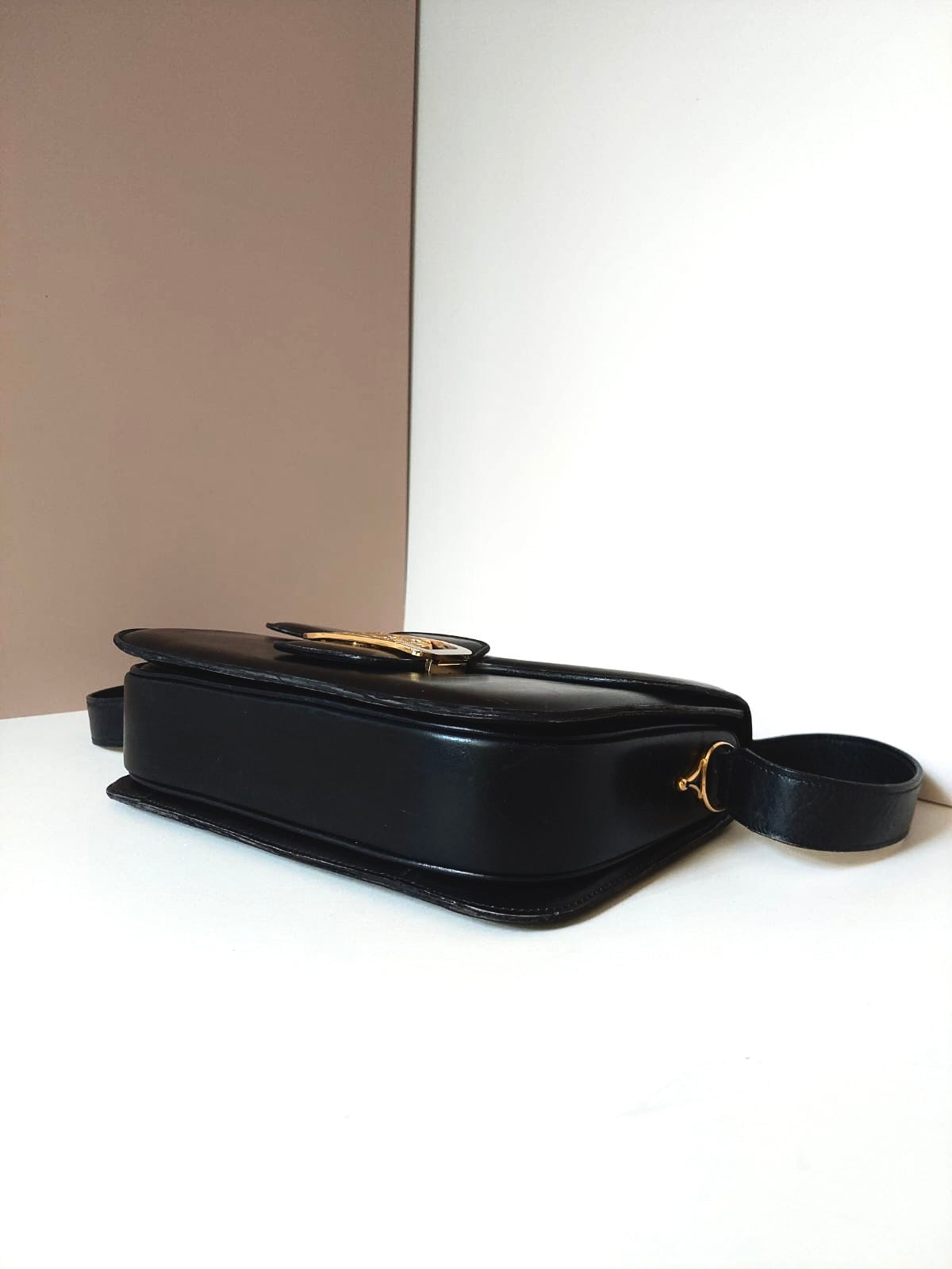 CELINE Classic Carriage Gold Buckle Black Leather Side Bag