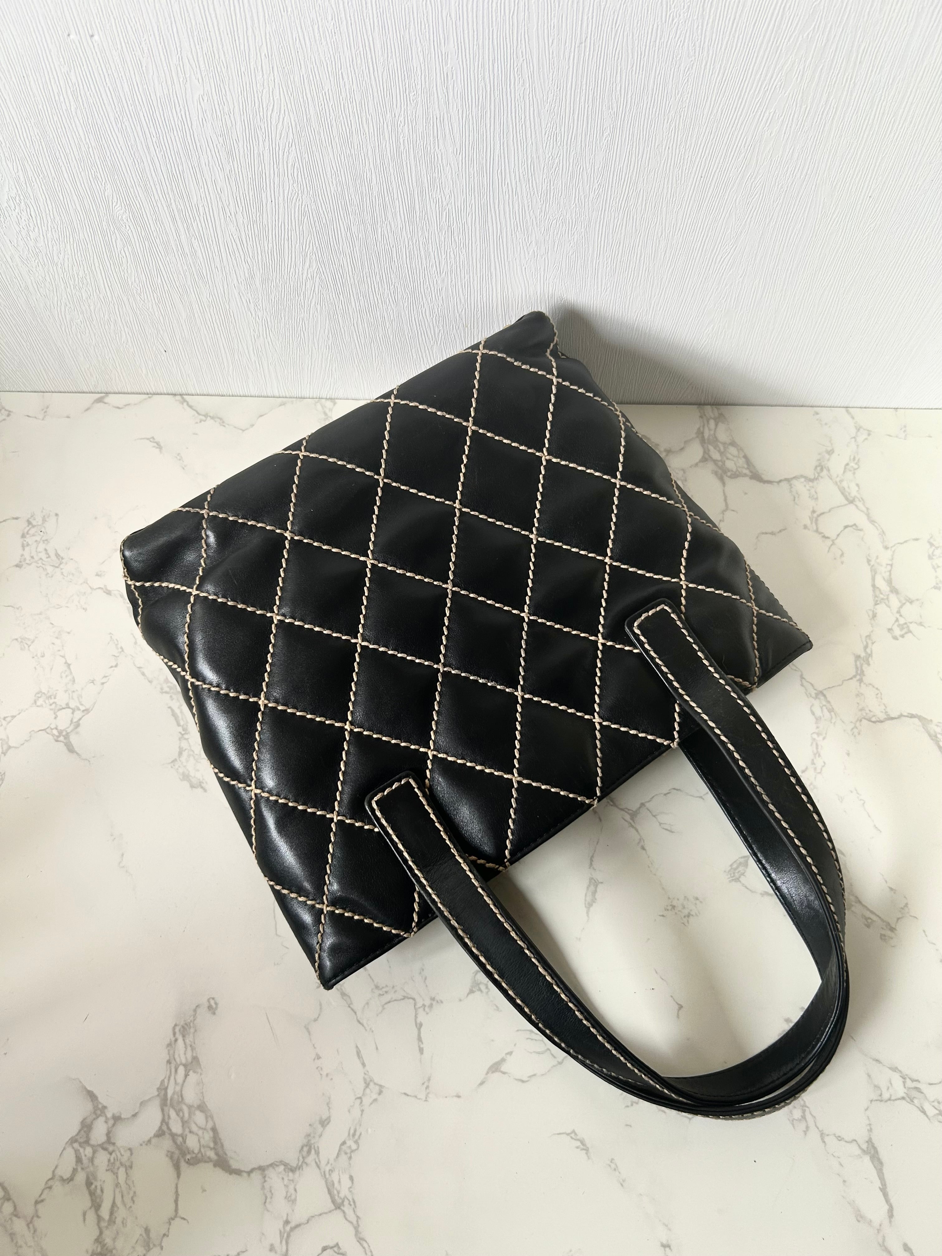 CHANEL Wild Stitch Vivian black gold label small tote bag / side bag