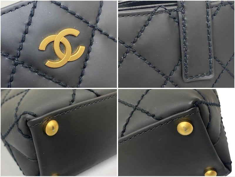 (未使用保存品)CHANEL Vivian黑色金標外縫皮革包/小托特包/側背包