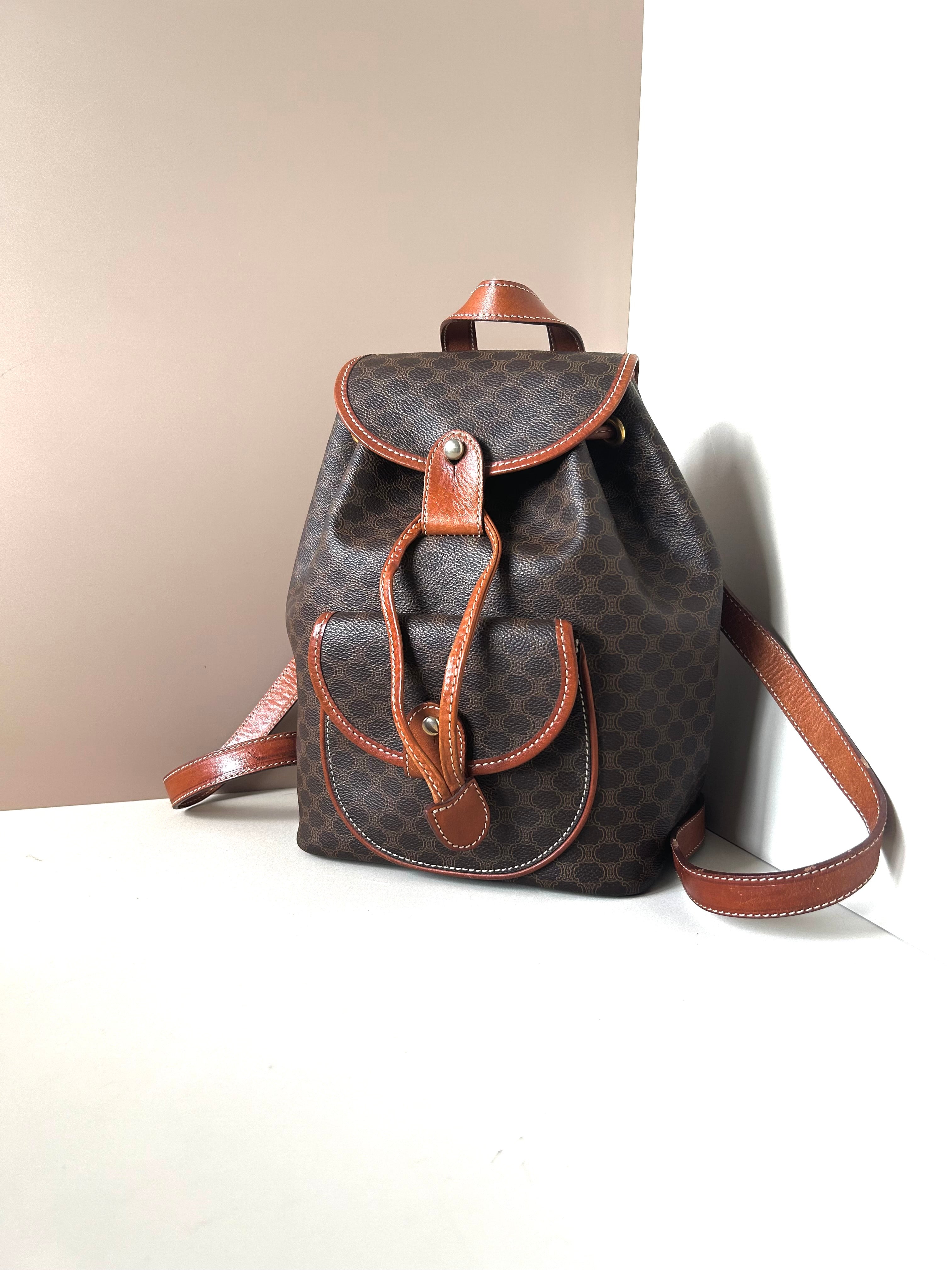 CELINE rare replica coffee color old flower gold buckle backpack / shoulder bag