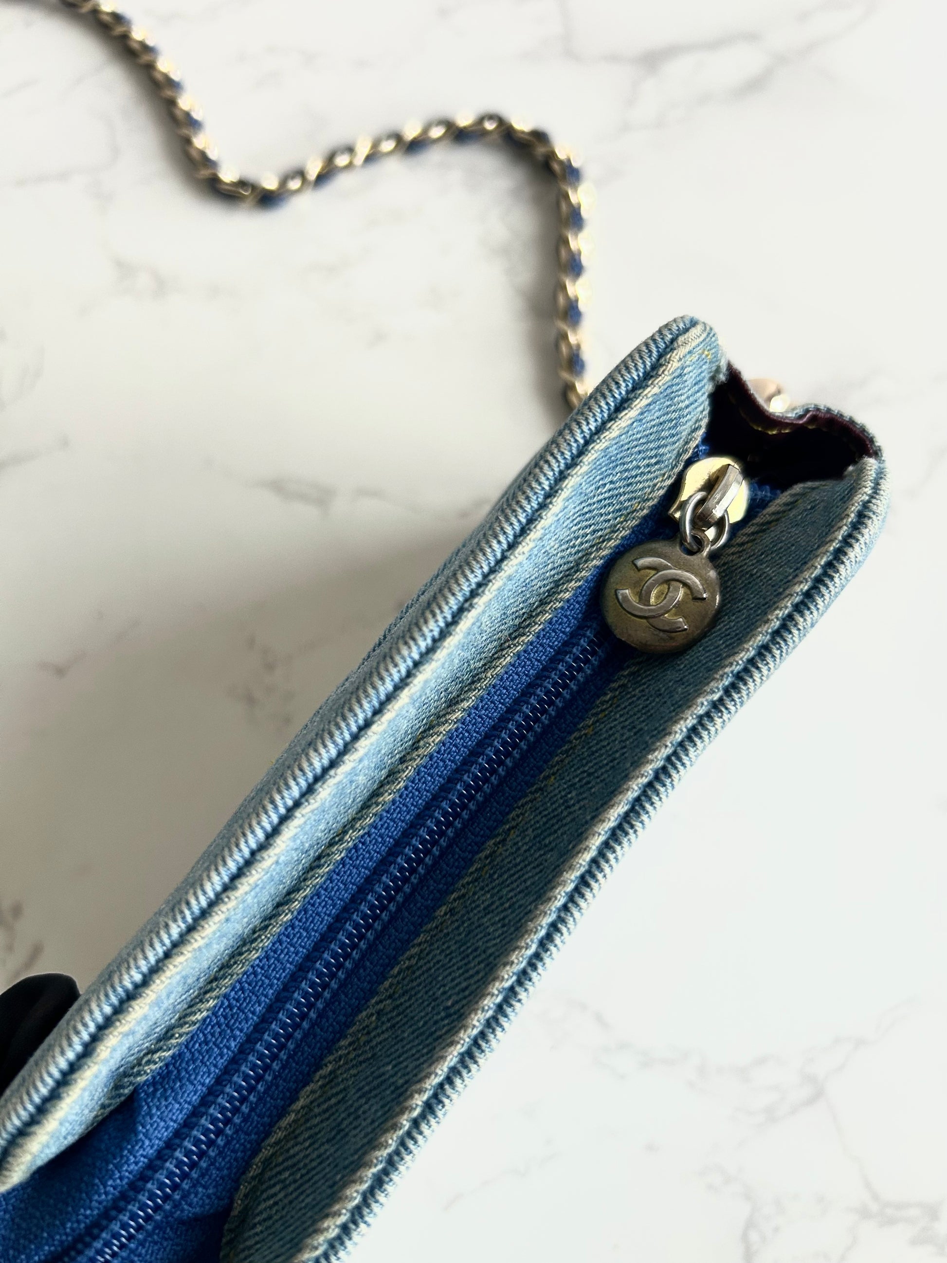 極稀有 中古Chanel牛仔藍明線包 側背包 斜背包