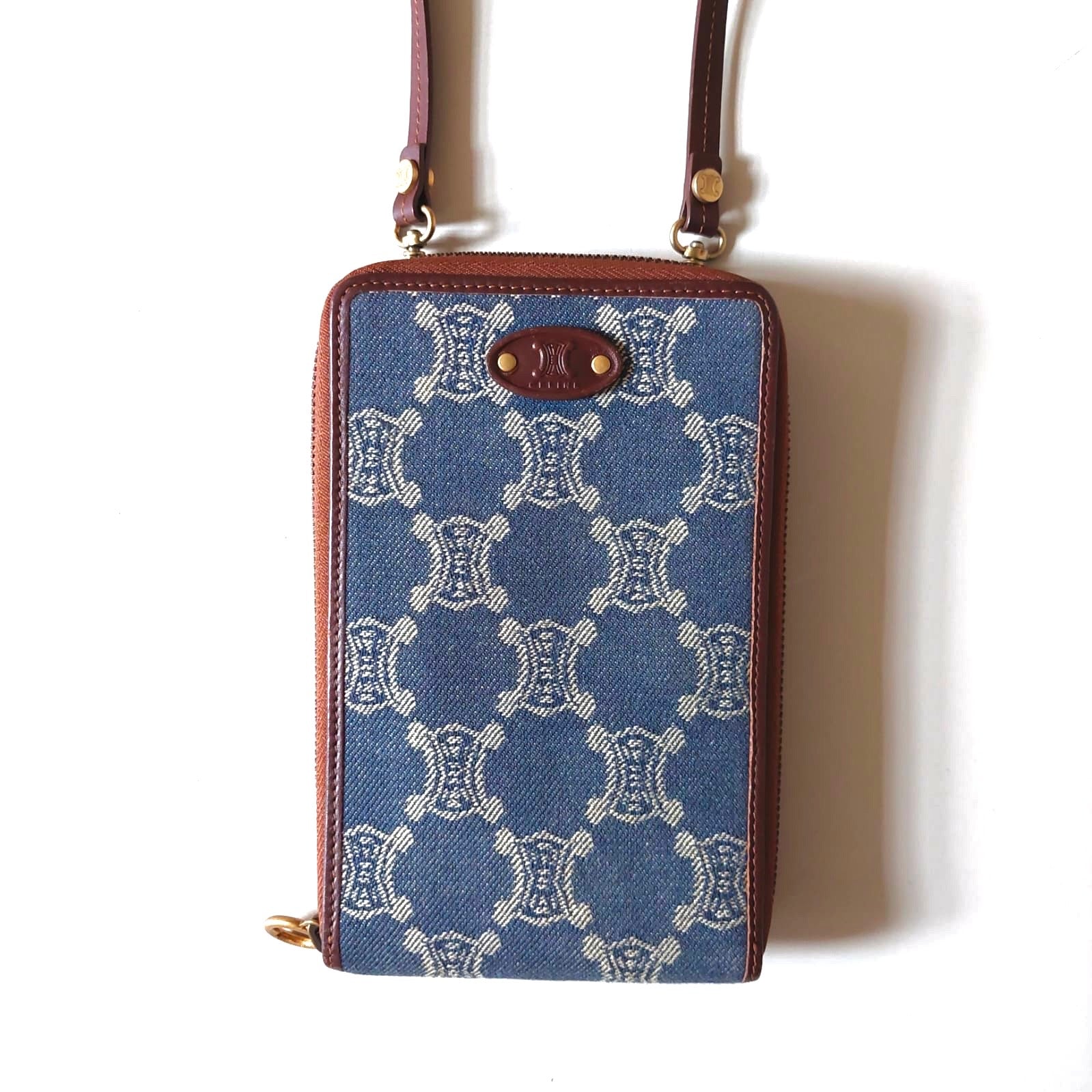 CELINE rare denim blue single shoulder old flower small bag/long clip/wallet/side bag/oblique bag