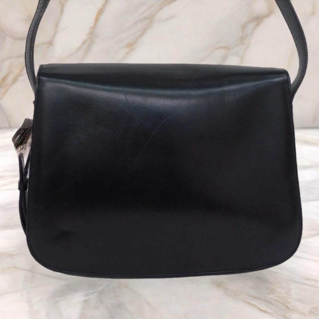 CELINE rare black small gold lock cowhide leather box small bag / side backpack / oblique backpack