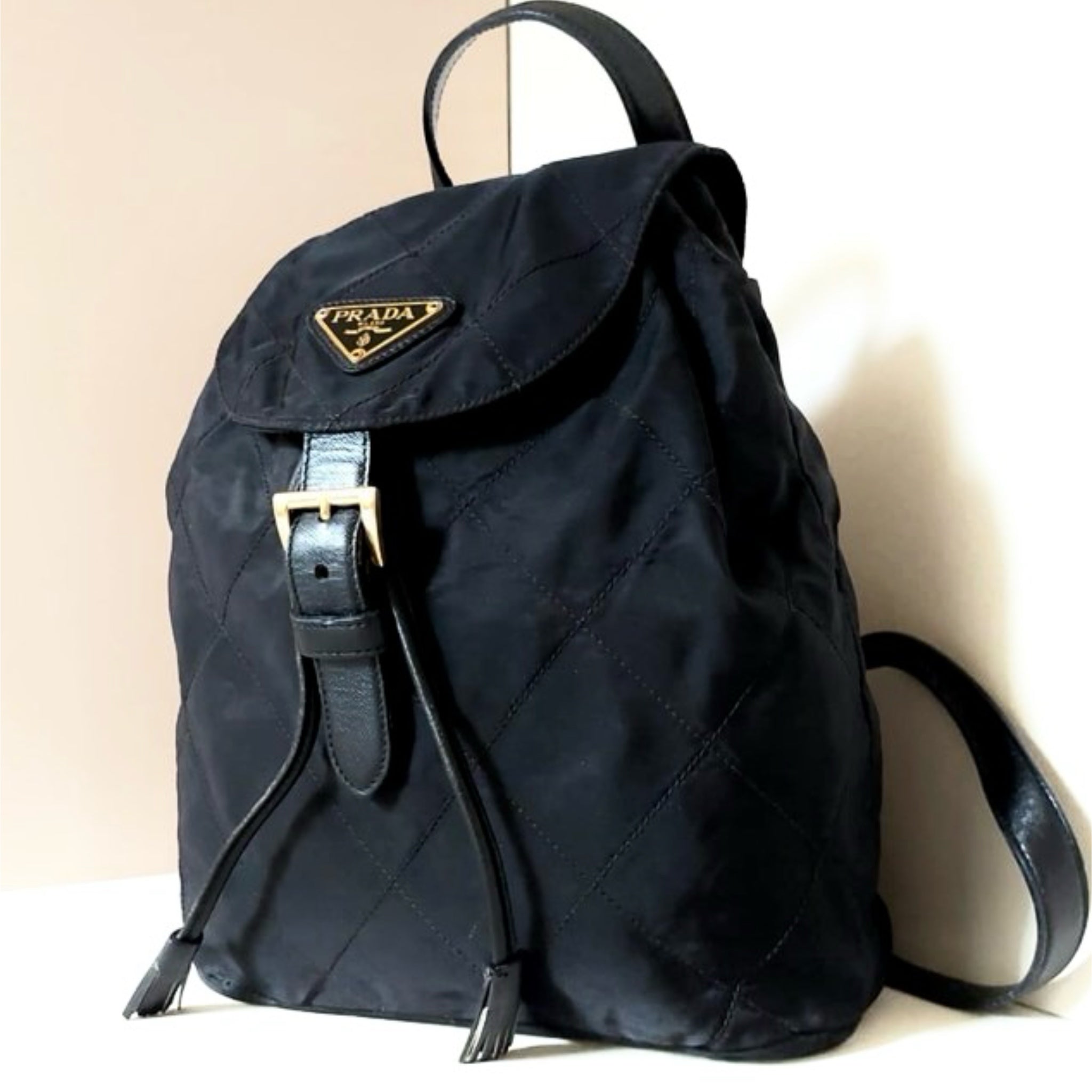 PRADA black gold triangle check nylon men's and women's backpack/backpack