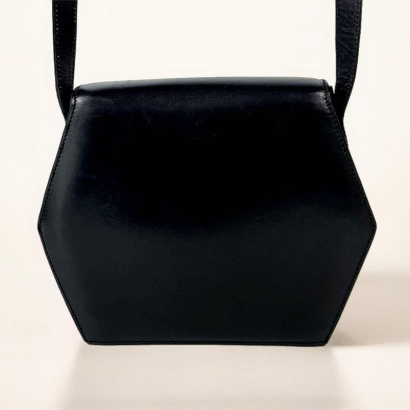 CELINE Rare Black Planet Hexagonal Leather Side Bag / Crossbody Bag