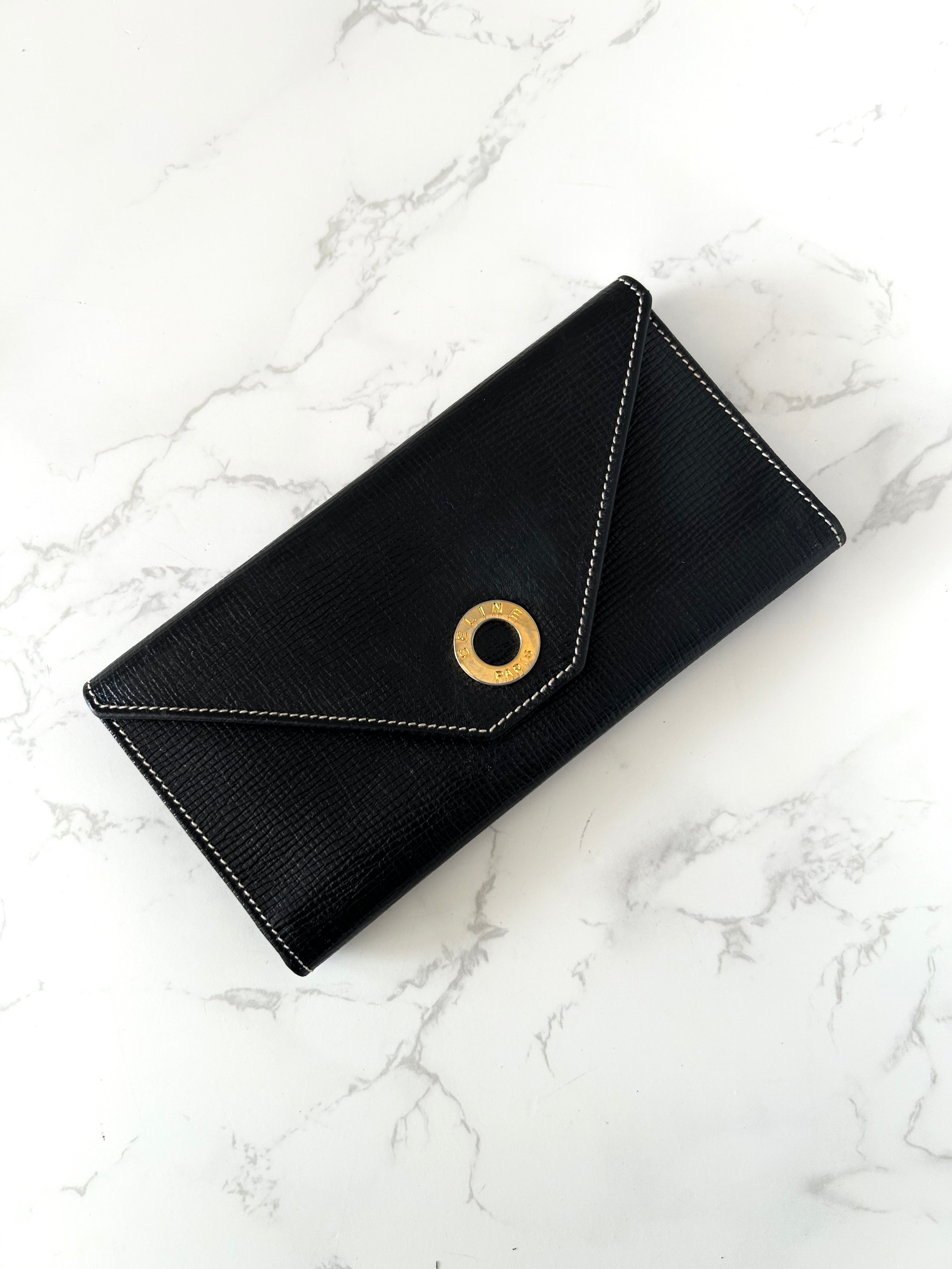 CELINE black gold ring leather long wallet / wallet