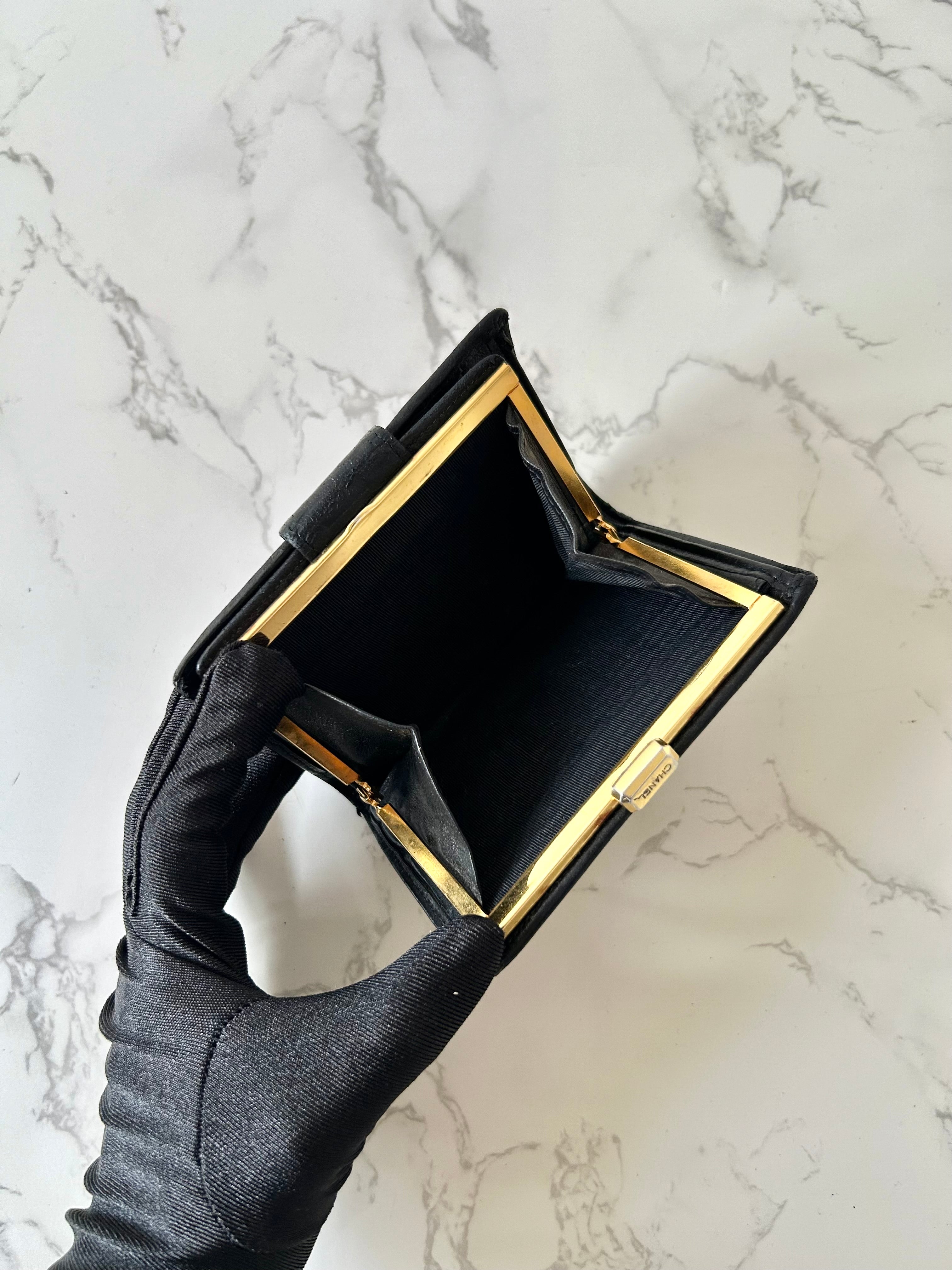CHANEL rare black lambskin leather large gold buckle gold label short wallet / wallet