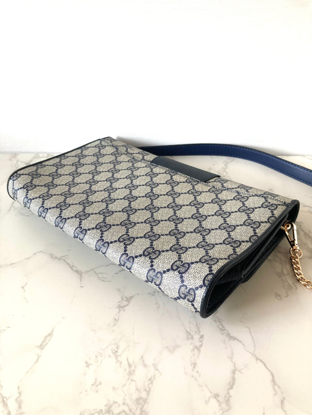 GUCCI Navy Monogram x Gold Horseshoe Two-way Shoulder Bag / Clutch