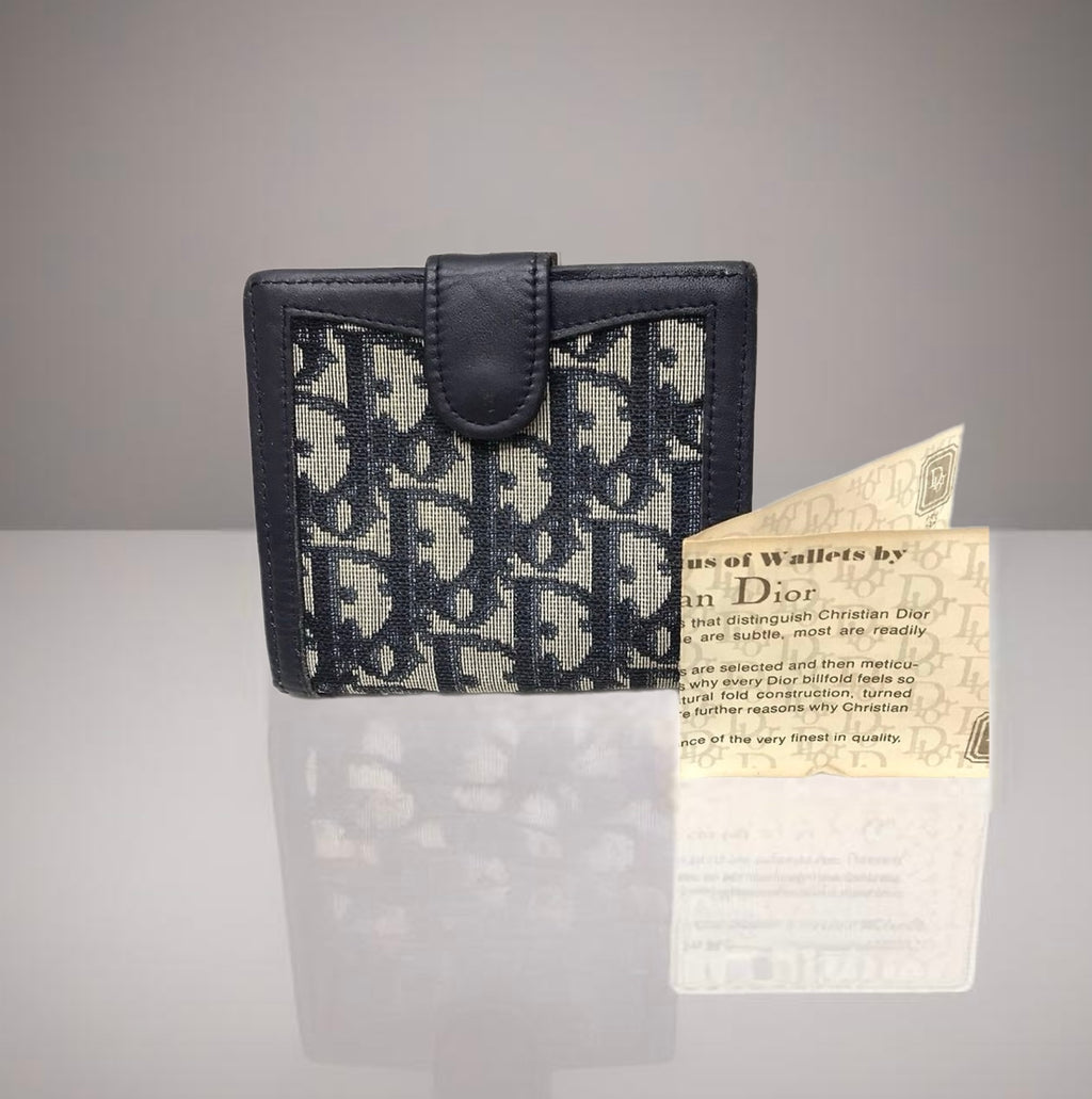 CHRISTIAN DIOR 深藍色老花皮革短夾口金錢包/銀包 - 日本中古二手Vintage