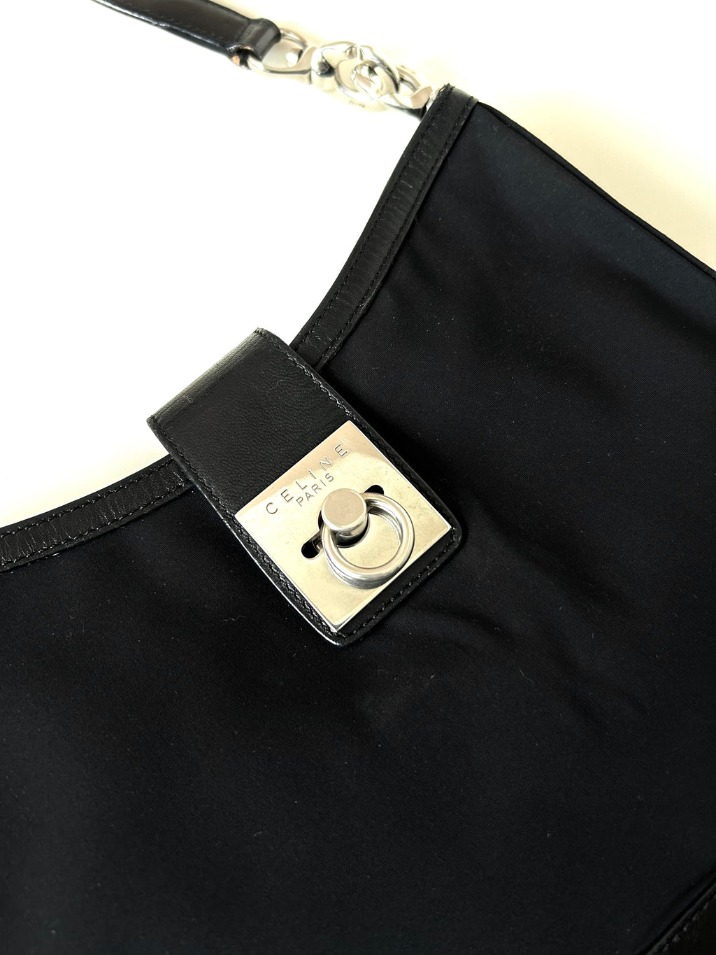 CELINE rare black silver ring patchwork leather Blason side backpack / shoulder bag