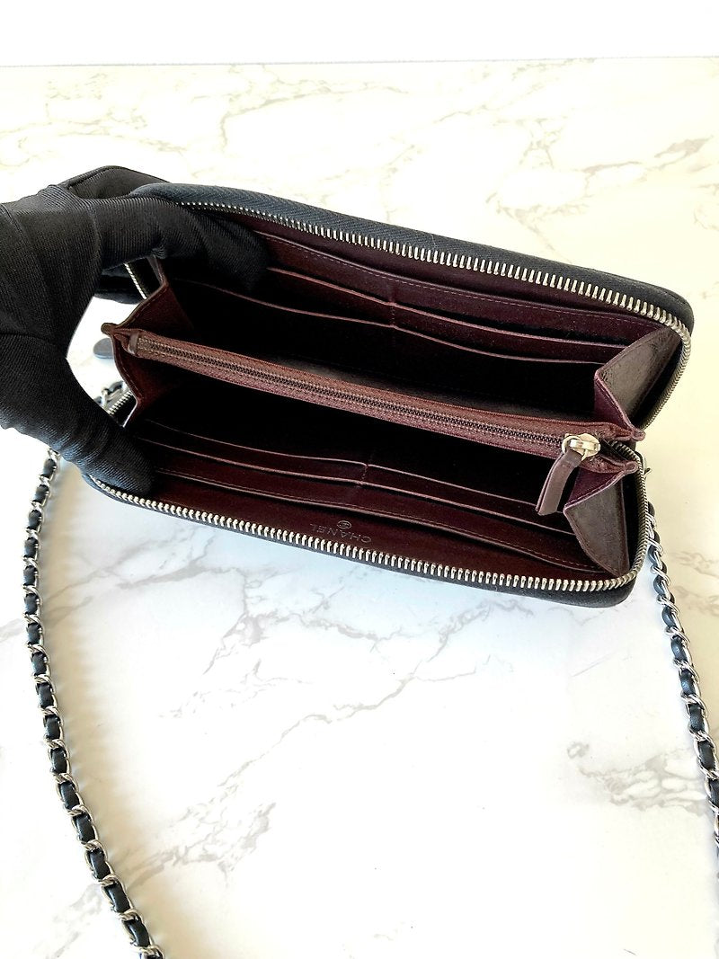 CHANEL Black Silver Caviar Leather Zipper Side Bag/Slant Bag/Long Clip/Wallet - Japanese Second-hand Vintage