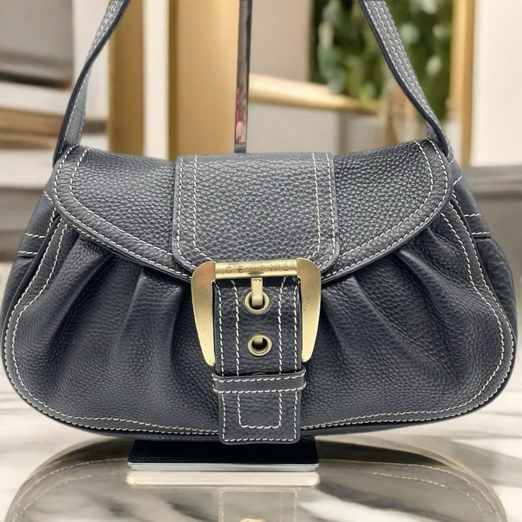 CELINE rare vintage blue and black leather large gold buckle small bag/side backpack/underarm bag