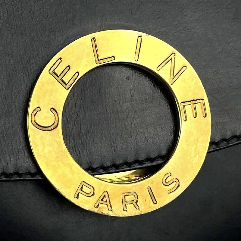 CELINE rare black gold ring leather French fry small bag / side backpack / oblique backpack