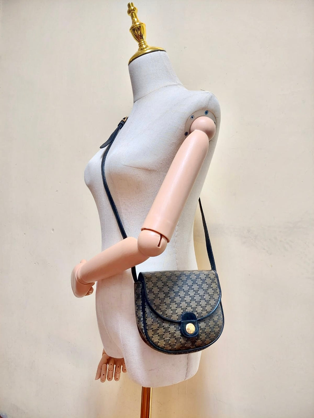 CELINE rare black and gray old flower saddle bag / side bag / oblique bag