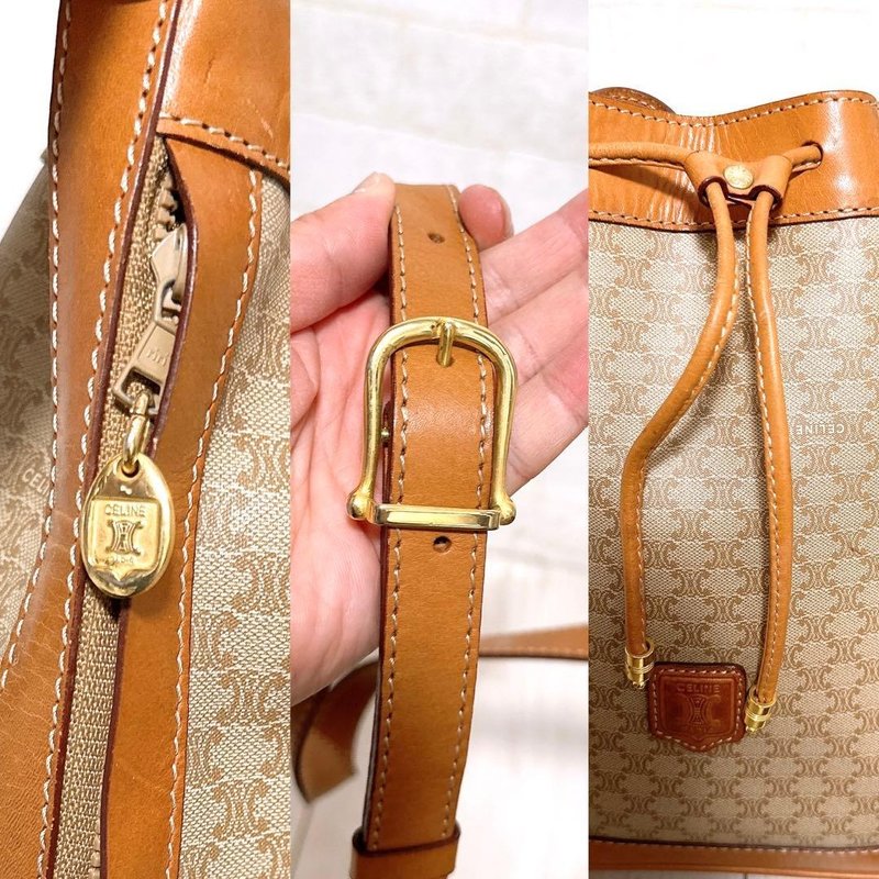 Celine米啡色老花中古水桶包/單肩包/斜背包