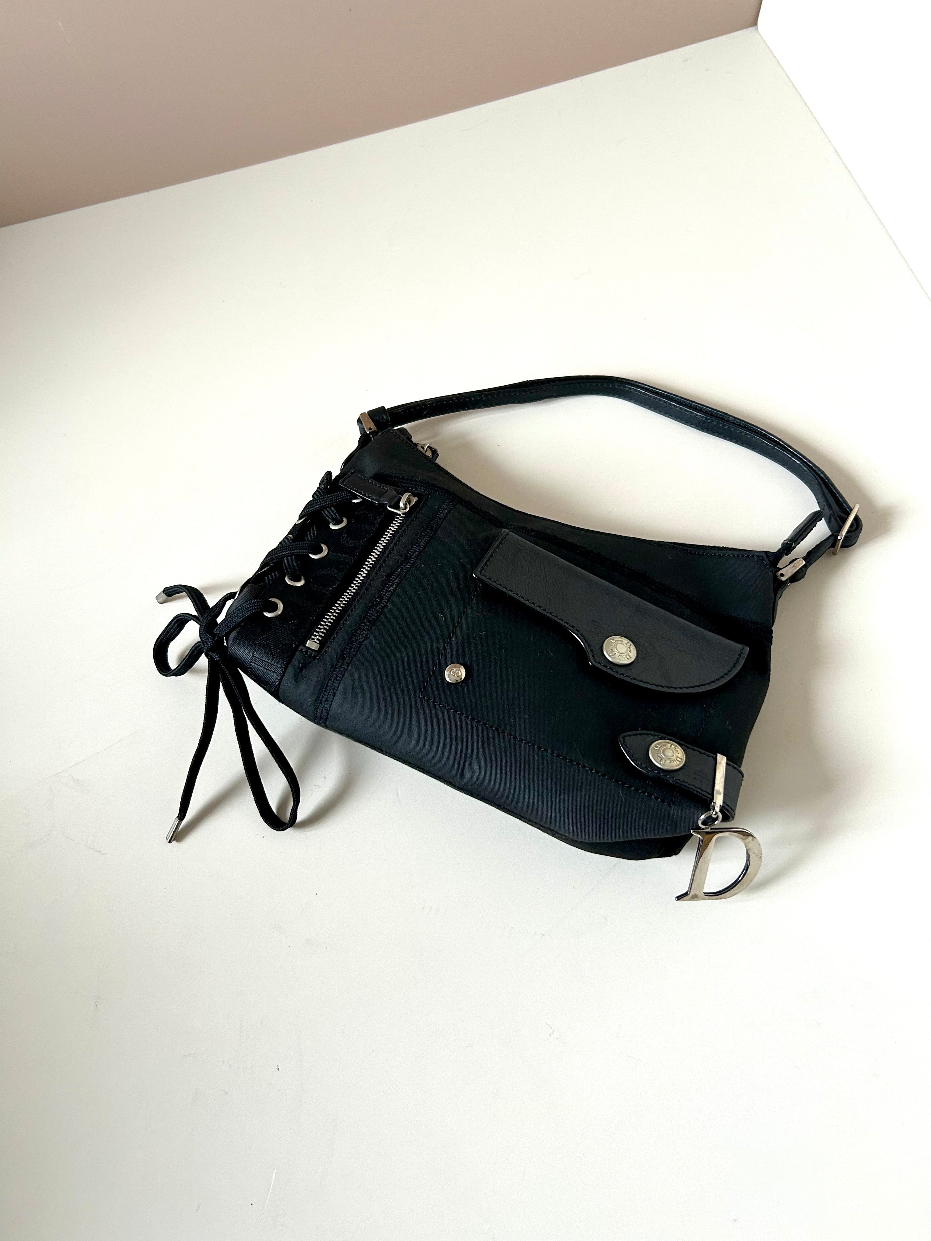 CHRISTIAN DIOR rare black silver buckle punk rope small bag/underarm bag/shoulder bag/side backpack