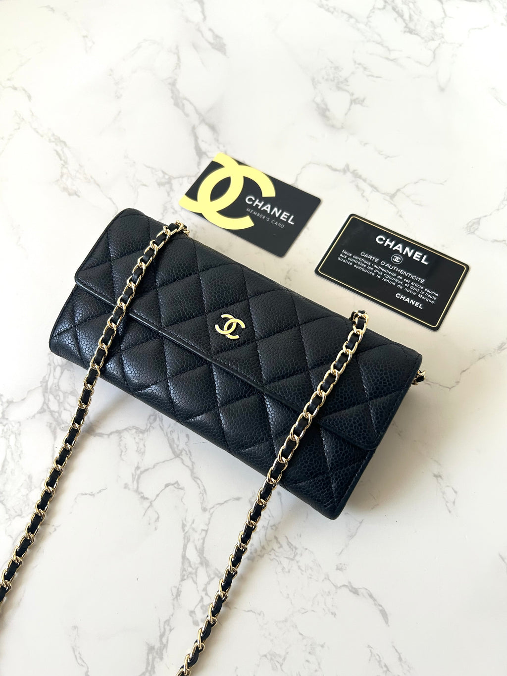 CHANEL Black Gold Caviar Leather WOC Side Bag/Messenger Bag/Long Wallet