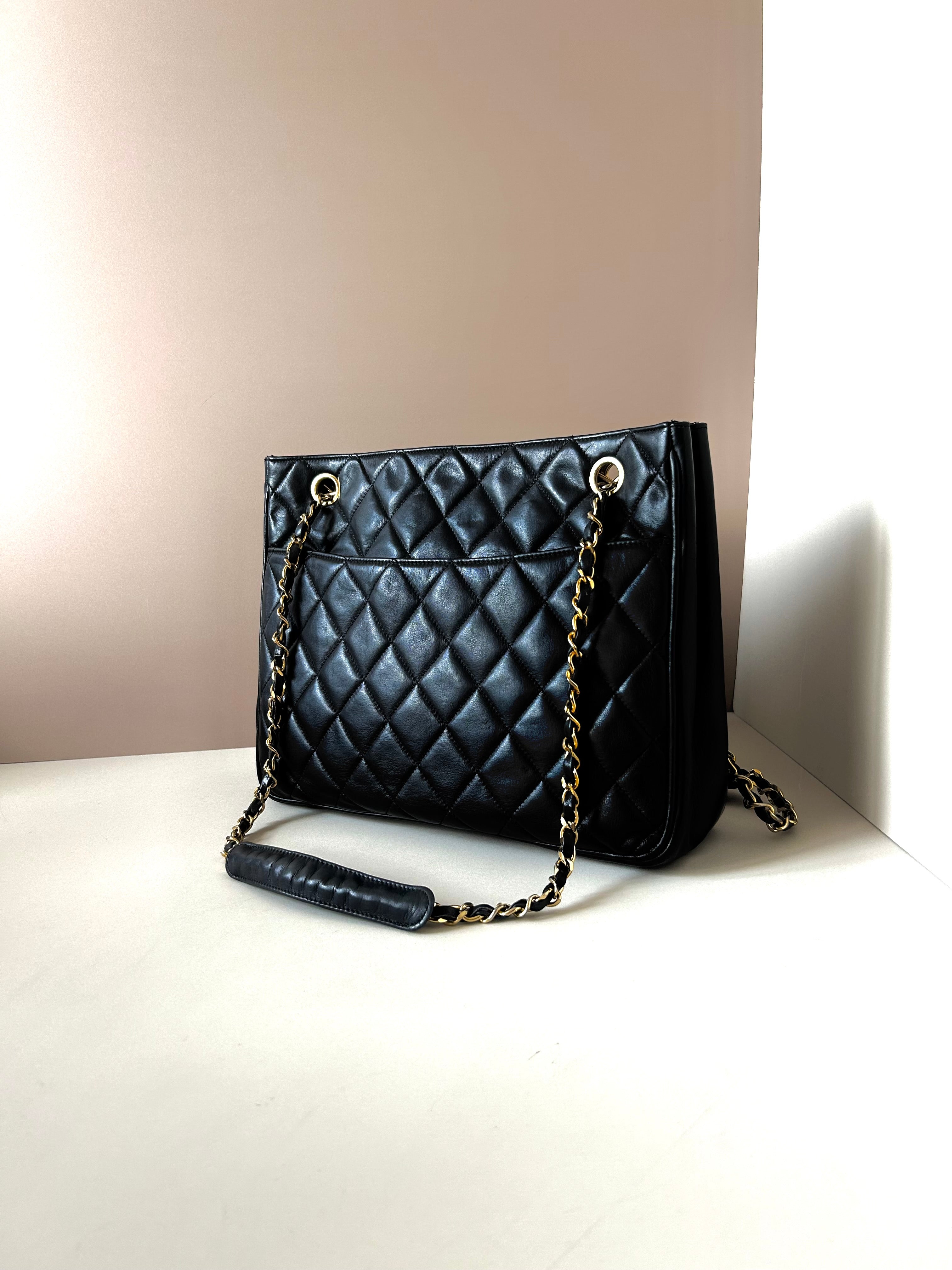 CHANEL Black Metalasse lambskin chain tote bag / side bag