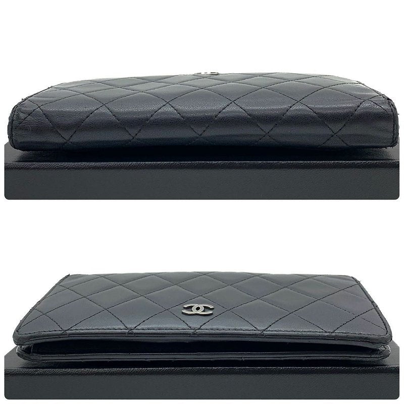 CHANEL Black Silver Label Lambskin Leather Long Wallet/Wallet - Japanese Second-hand Vintage