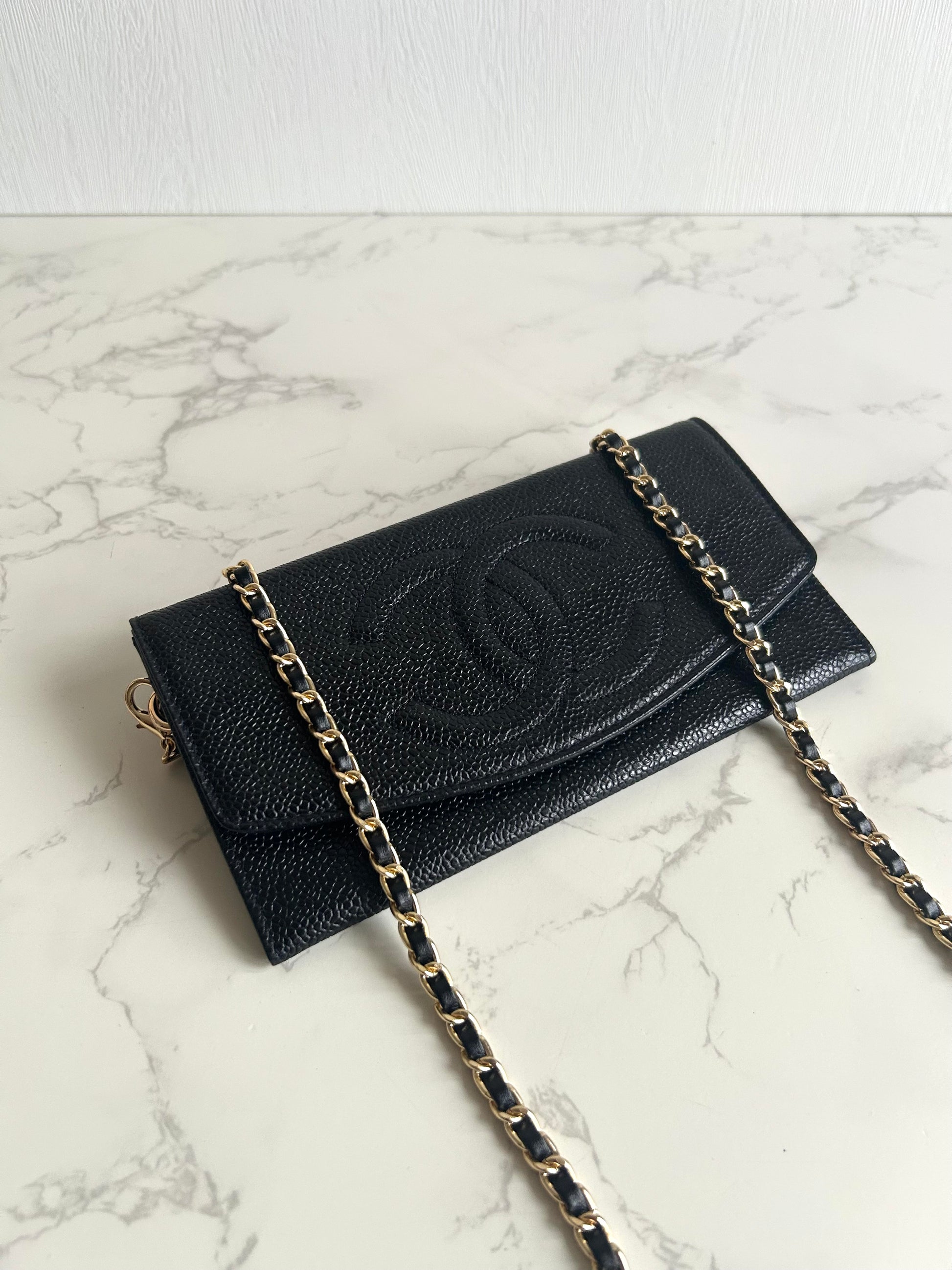 中古二手Chanel黑色魚子醬皮革WOC/側背包/斜背包/錢包