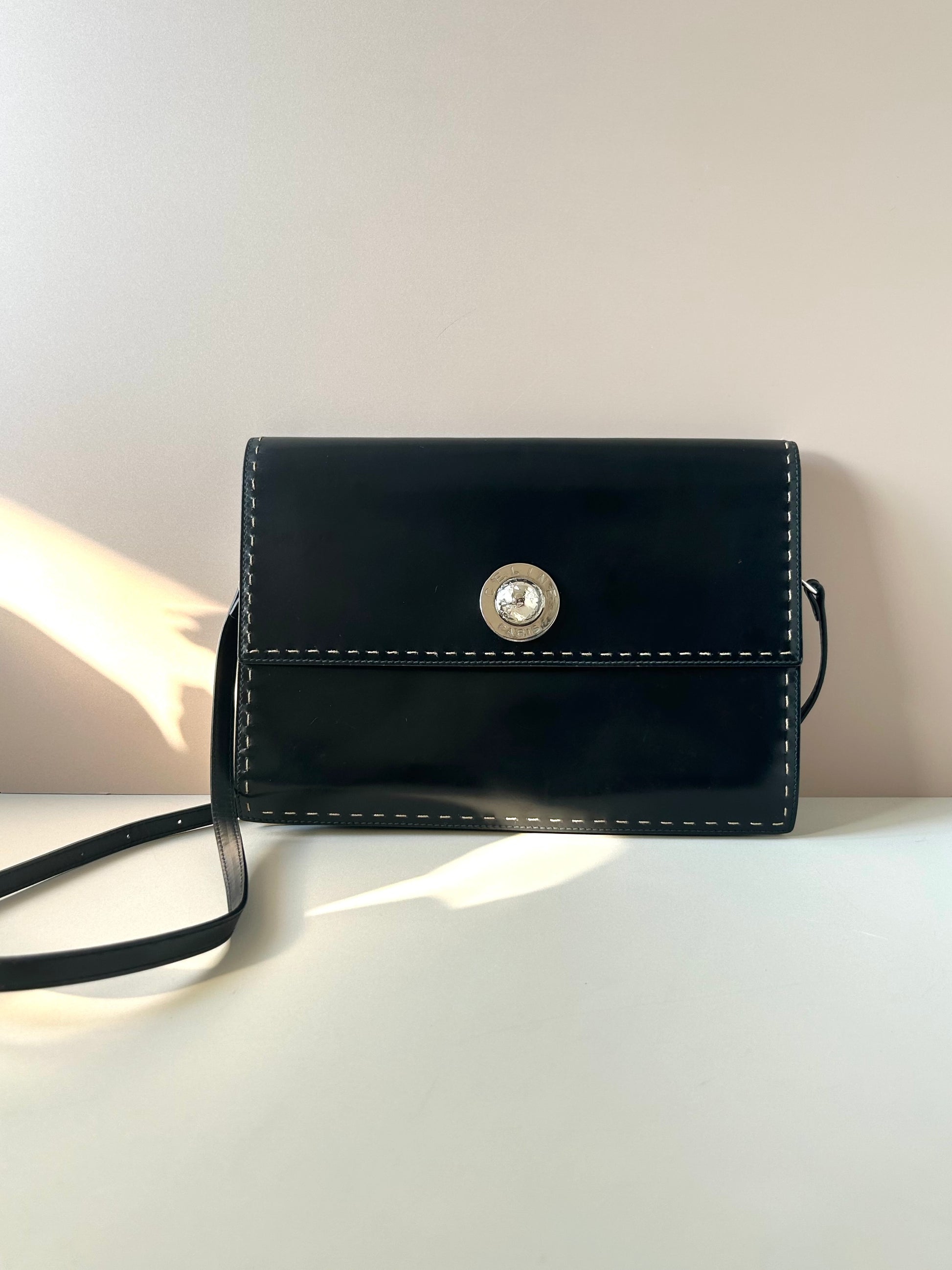CELINE Rare Planet Black Silver Leather Envelope Bag/Side Bag/Messenger Bag
