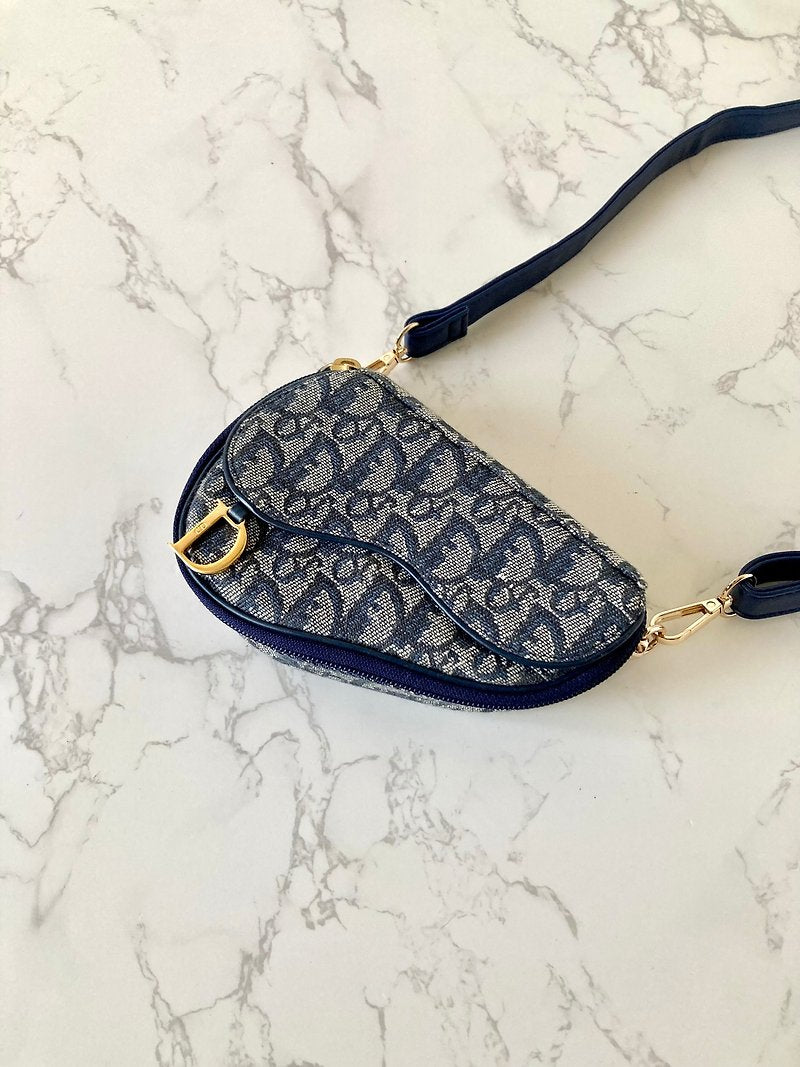 CHRISTIAN DIOR 深藍灰色老花金扣馬鞍小包/單肩包/側背包/斜背包