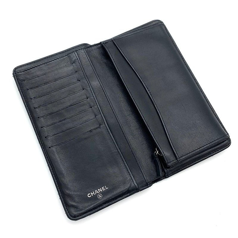 CHANEL Black Silver Label Lambskin Leather Long Wallet/Wallet - Japanese Second-hand Vintage
