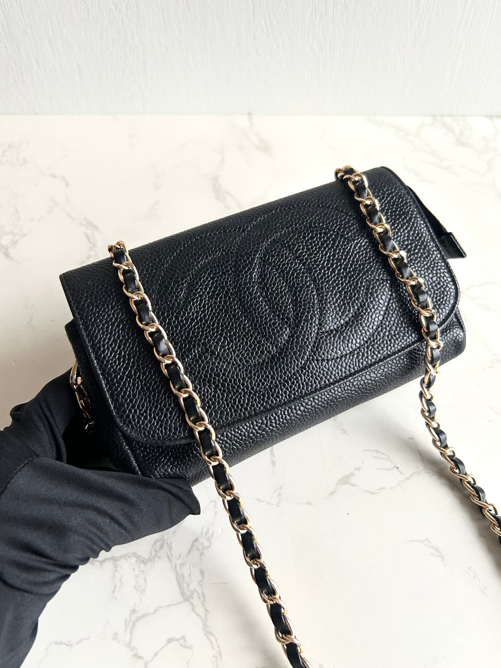 Chanel連鏡子黑金魚子醬皮革包 側背包 斜背包 中古包