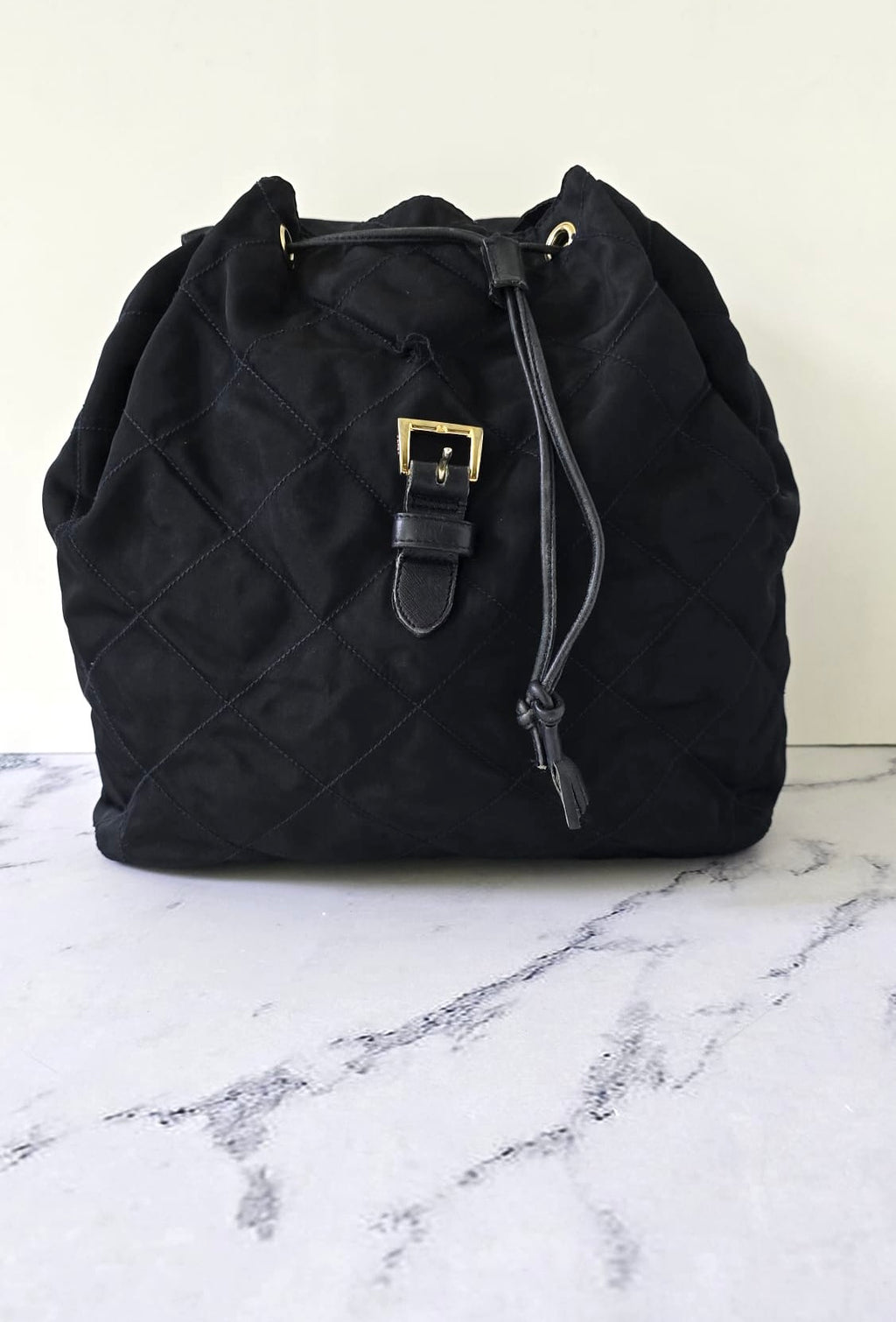 Prada 黑藍外縫格紋流蘇雙肩包 後背包 背囊