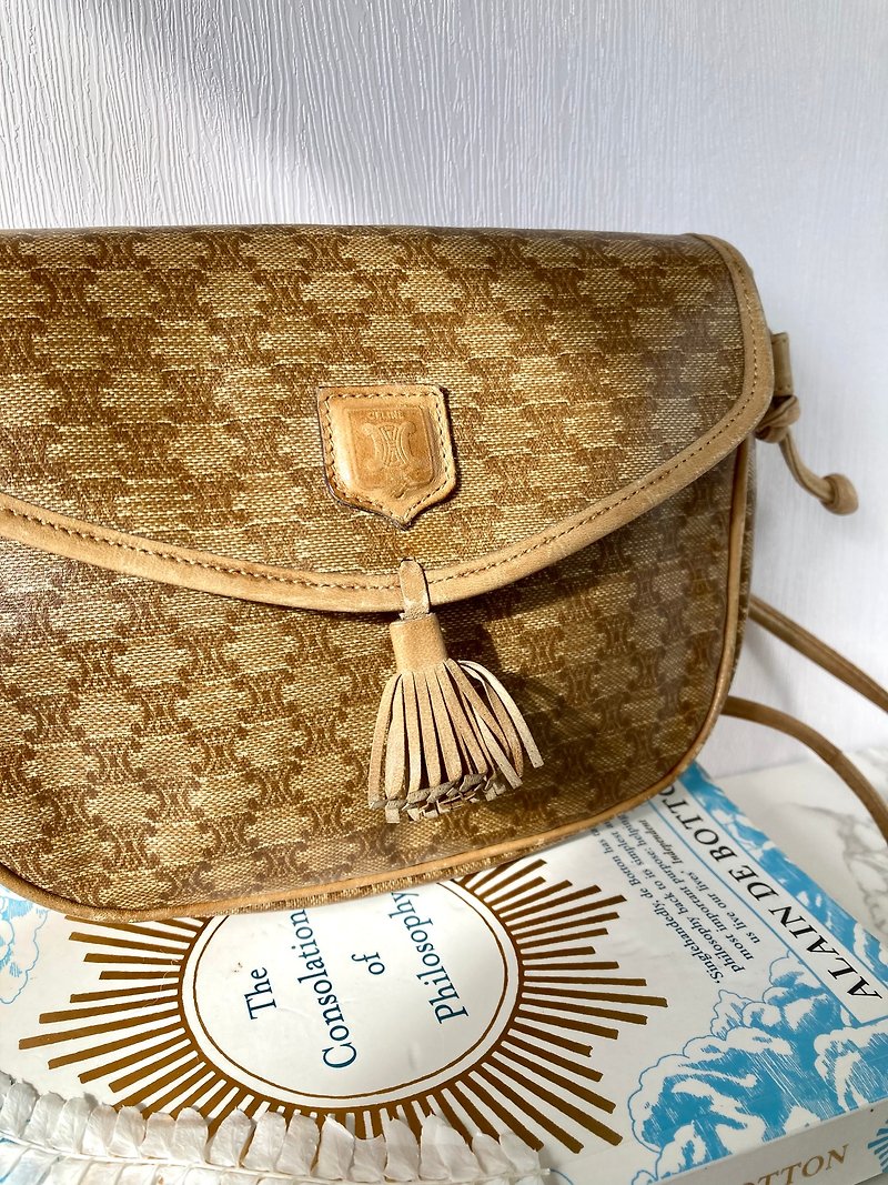 CELINE Brown Old Flower Leather Tassel Bobby Small Bag/Side Bag/Messenger Bag