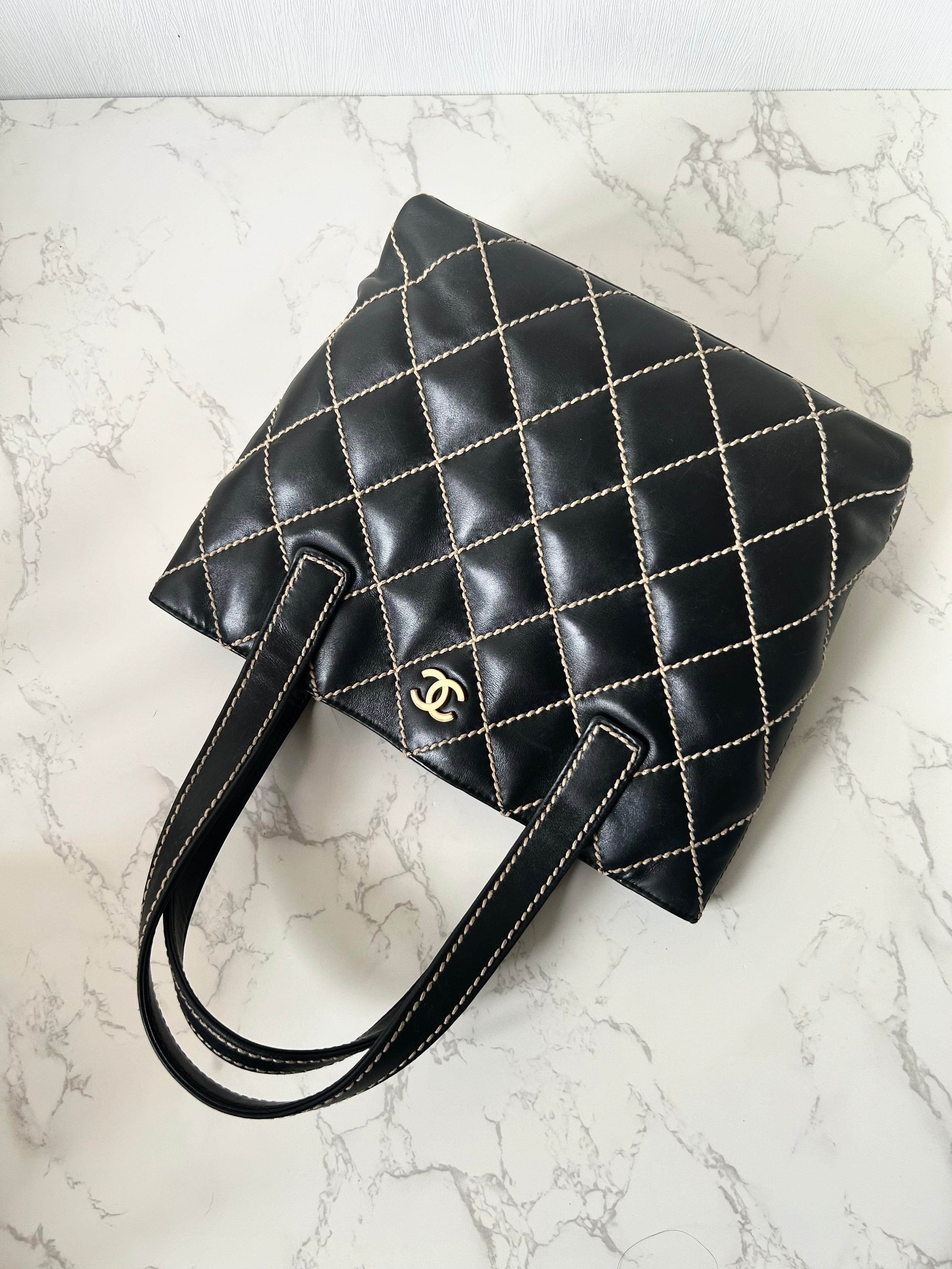 CHANEL Wild Stitch Vivian black gold label small tote bag / side bag