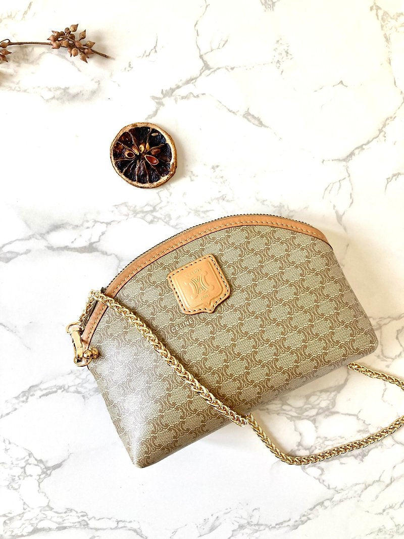 CELINE beige Arc de Triomphe old flower shoulder bag/oblique backpack/side backpack/clutch bag