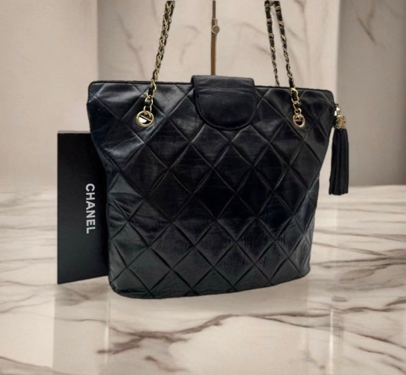 CHANEL rare black gold tassel chain leather bucket bag / small tote bag / side backpack