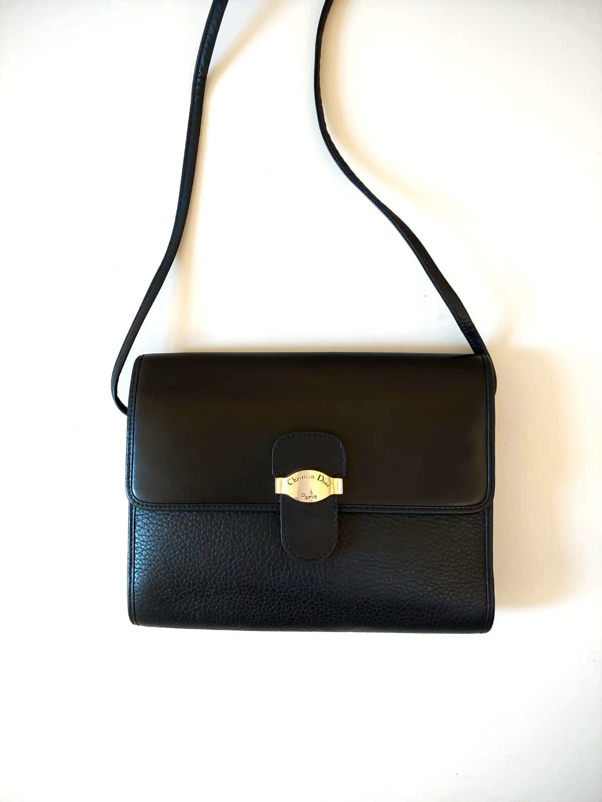 CHRISTIAN DIOR rare black patchwork leather gold buckle side bag / crossbody bag
