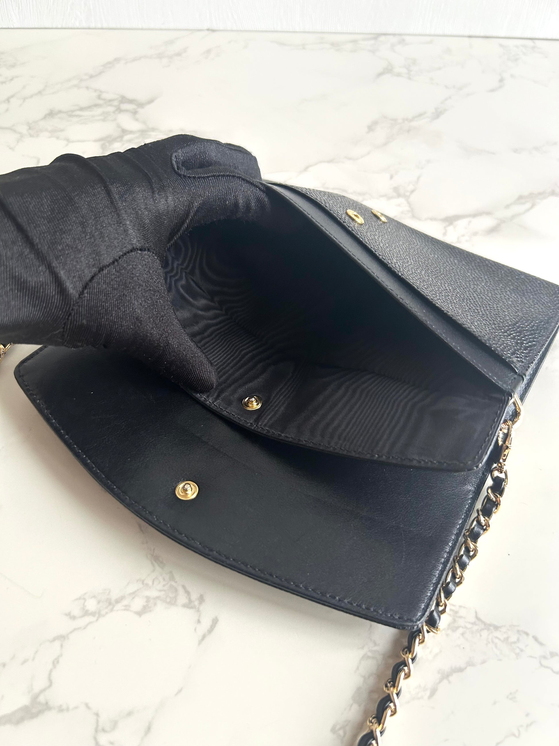 中古二手Chanel黑色魚子醬皮革WOC/側背包/斜背包/錢包