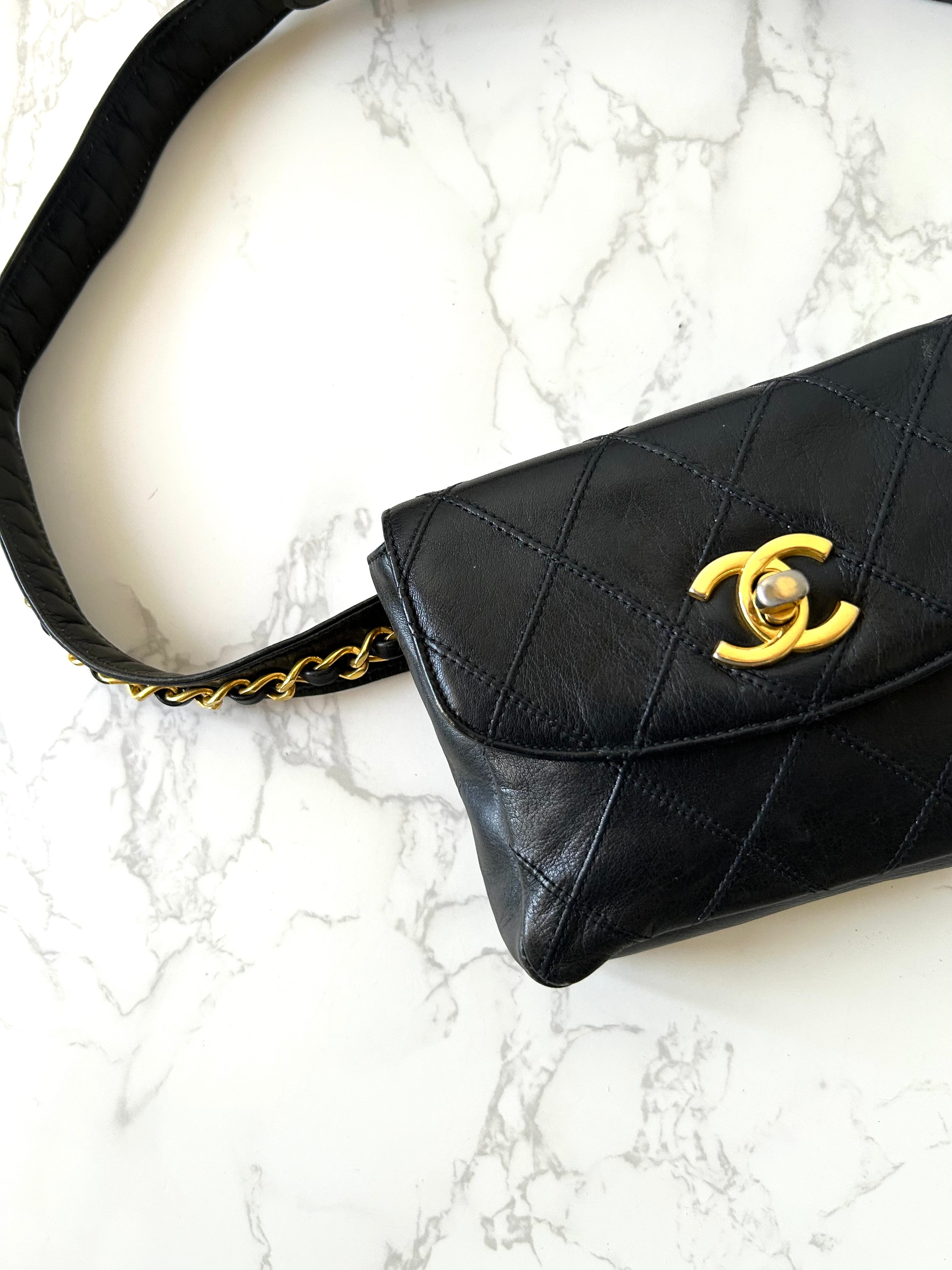 Rare CHANEL Matelassé Black Leather Gold Rotating Buckle Crossbody/Belt Bag/Shoulder Bag