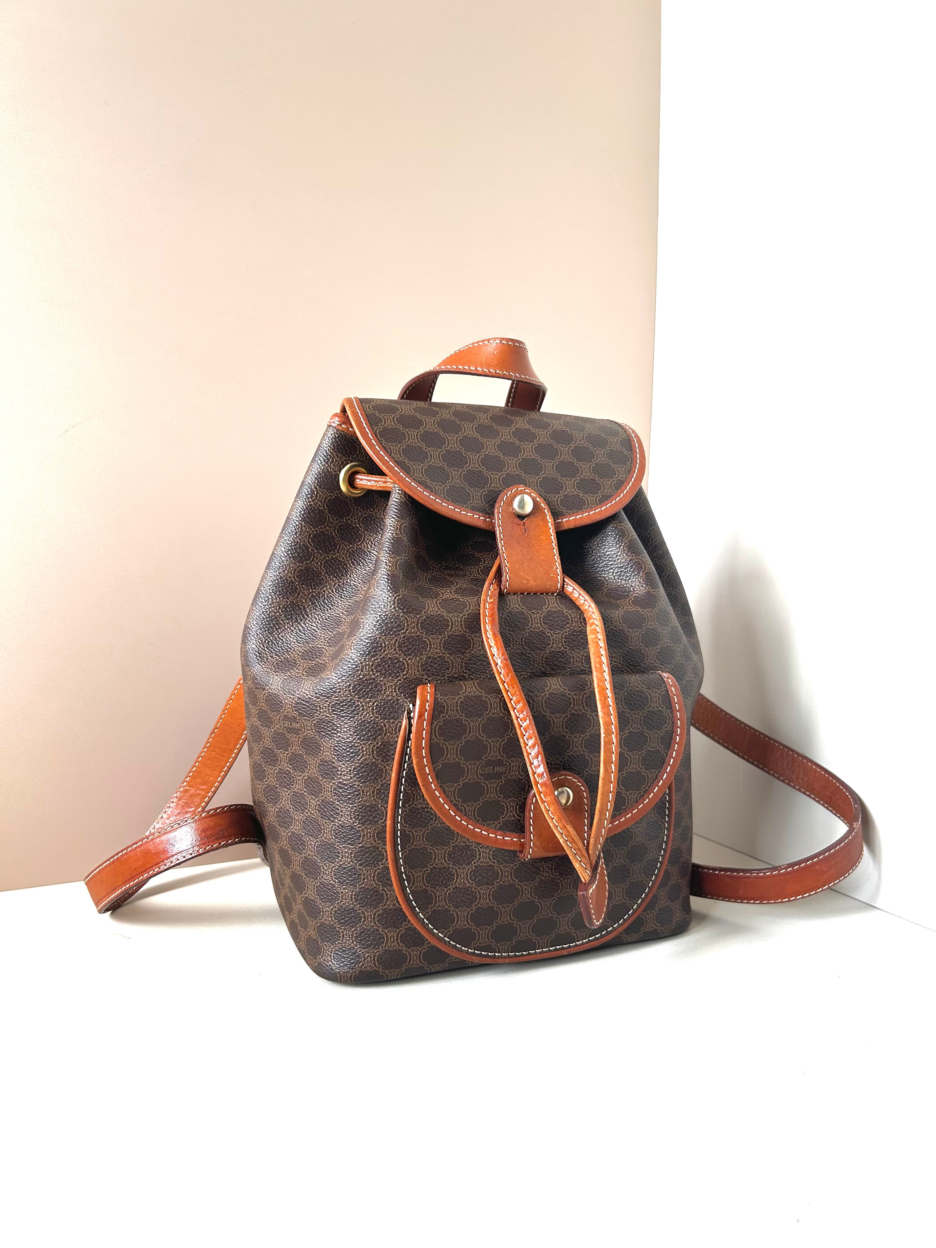 CELINE rare replica coffee color old flower gold buckle backpack / shoulder bag