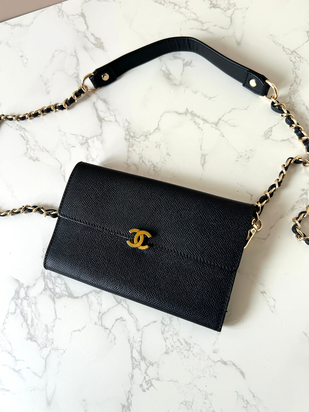 CHANEL Black Gold Caviar Leather Side Bag/Messenger Bag/Long Clip/Wallet
