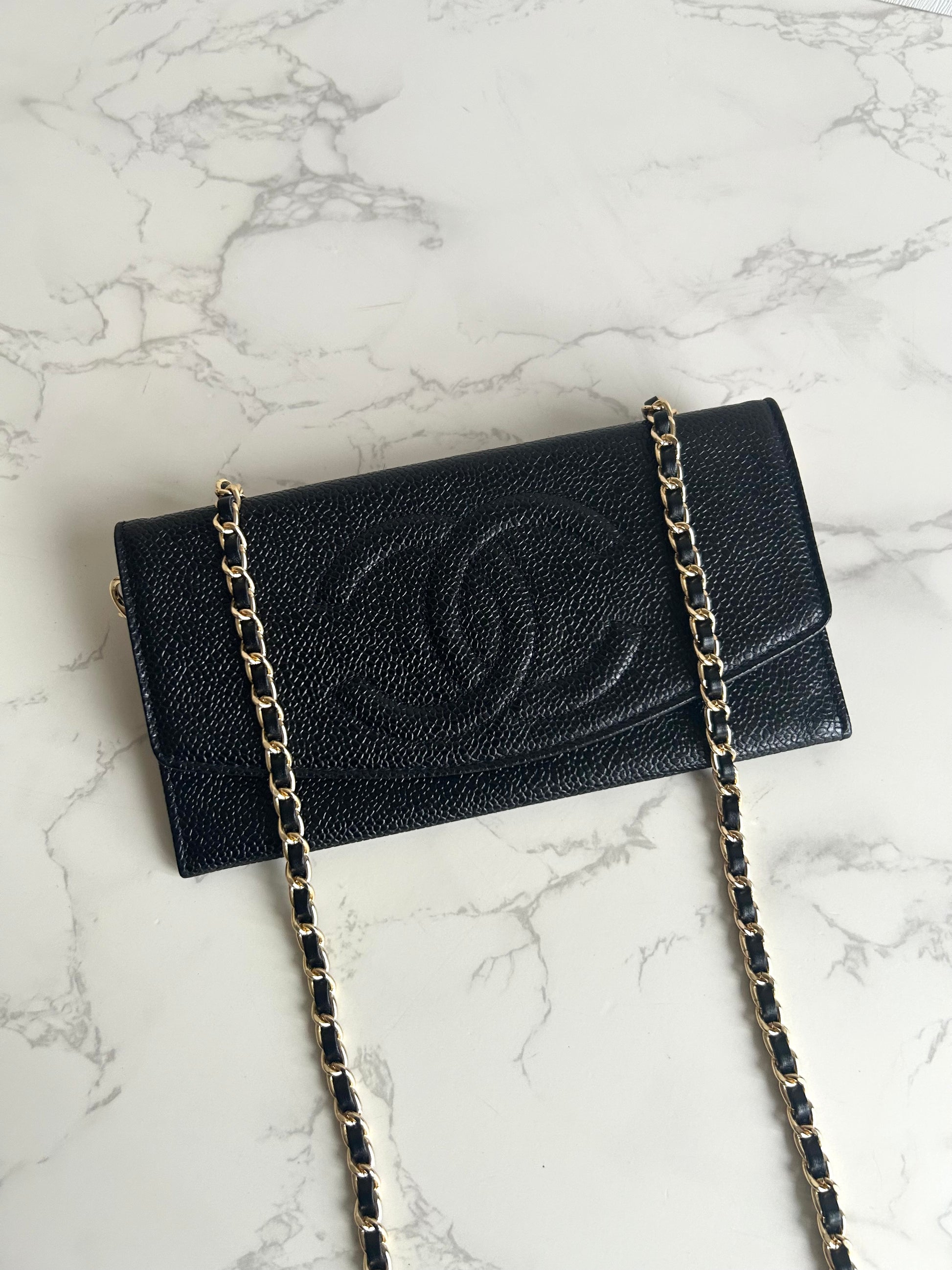 中古二手Chanel黑色魚子醬皮革WOC/側背包/斜背包/錢包