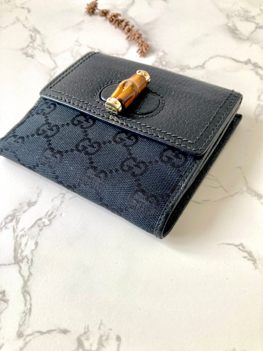 GUCCI Bamboo Black Monogram Compact Wallet