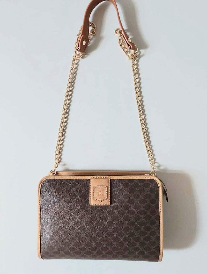 CELINE Brown Old Flower Leather Side Bag/Messenger Bag/Clutch Bag