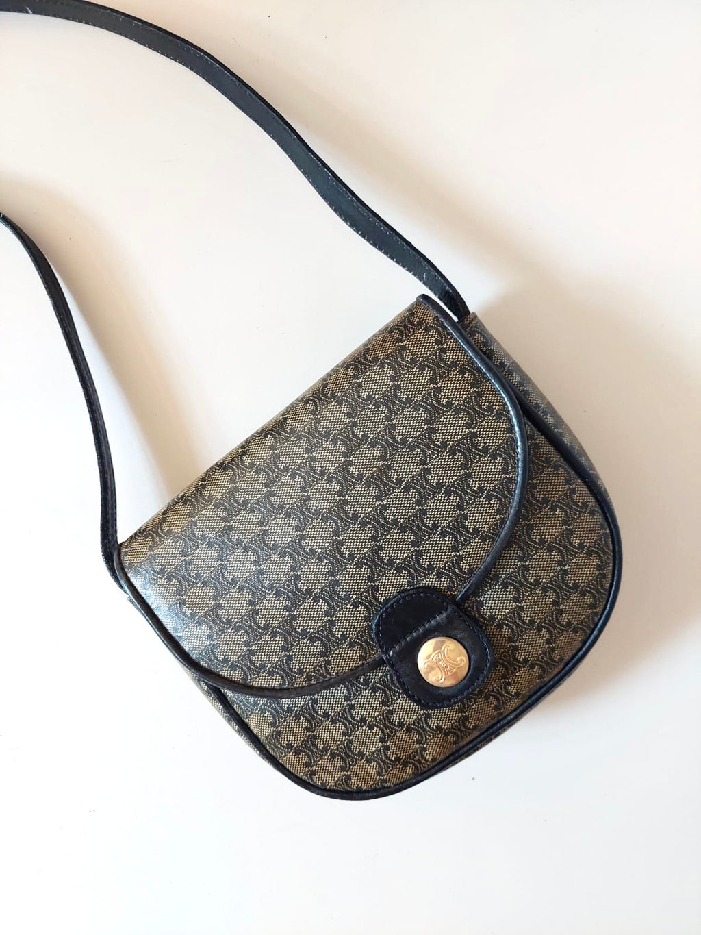 CELINE rare black and gray old flower saddle bag / side bag / oblique bag